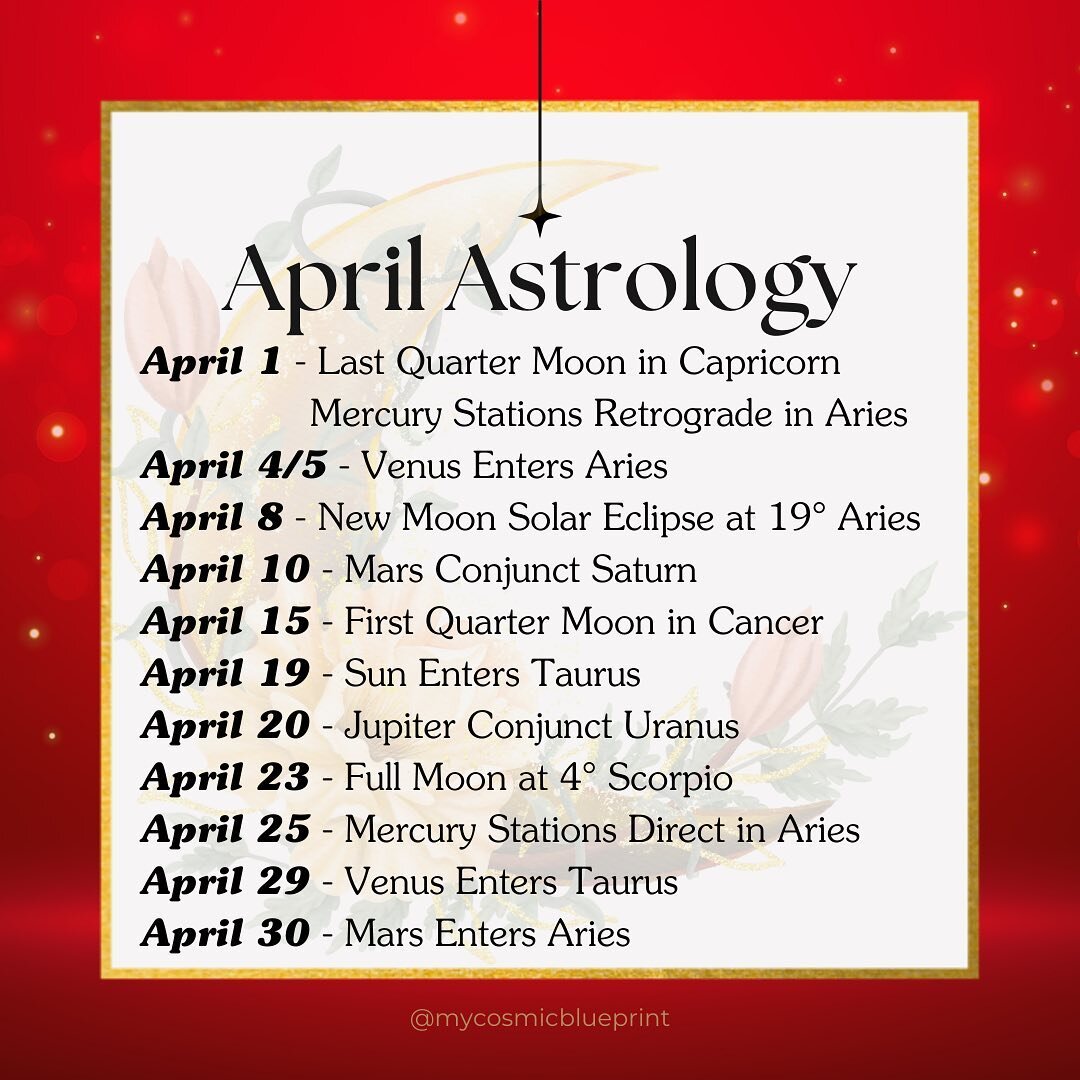 Astrologically, April stands out as the most intense month of the year. We are in eclipse season and will have a particularly potent eclipse on April 8th that aligns with Chiron, prompting introspection and healing. Following this, Mars joins Saturn 