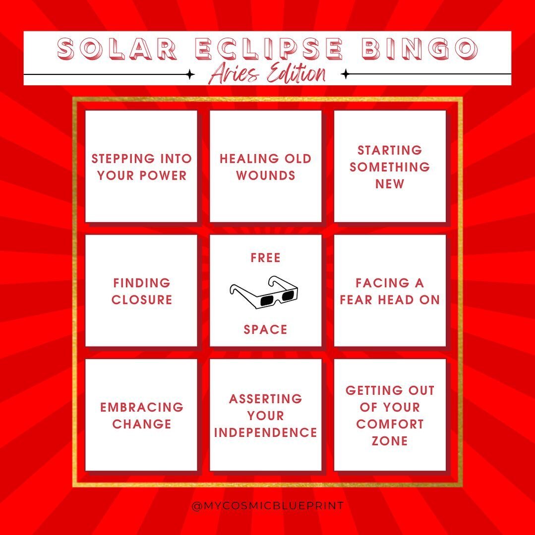 How is everyone feeling about tomorrow's eclipse? 🔥 😅 ♈️ 

It&rsquo;s generating quite a buzz! 

Instead of dwelling on scary theories, let&rsquo;s focus on something fun with a game of bingo!

I tend to see eclipses as a &ldquo;leveling up&rdquo; 