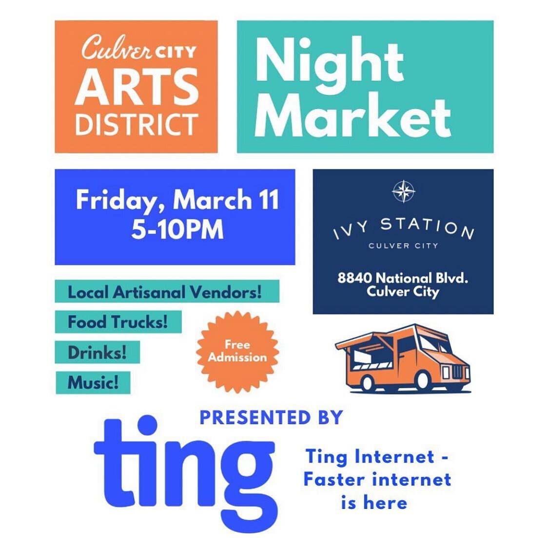 Come out tonight from 5-10pm at @ivystationculvercity for the @culvercityartsdistrict Night Market. Free fun for the whole family. Shopping, food, music, drinks abs more.