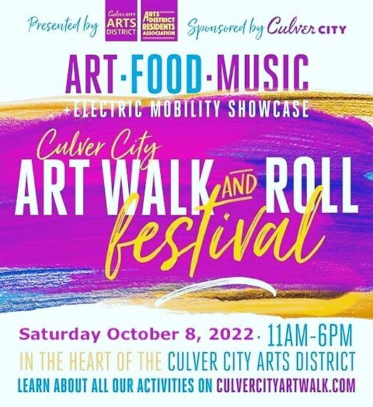 SAVE THE DATE:

Art Walk and Roll is back this year on October 8th from 11am-6pm in the Culver City Arts District. 

Look for information coming soon for band line-ups, festival highlights, vendor forms and more. 

#artwalkandrollfestival #culvercity