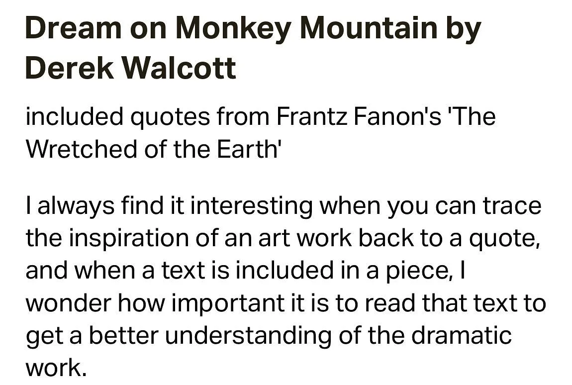 today on Patreon, we’re listening to the quotes from Frantz Fanon’s ‘The Wretched of the Earth’ that were included in ‘Dream on Monkey Mountain’ by Derek Walcott.
subscribe to listen: patreon.com/korinnannette