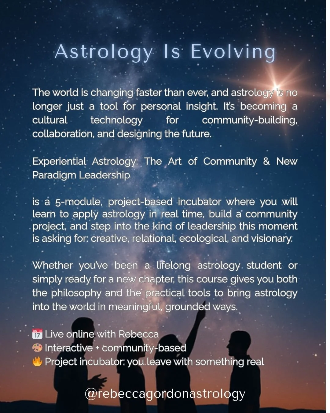 🔥🔥🔥
Join our new A Five-week, Project-Based Incubator for the World We&rsquo;re Building Next
guided live by Rebecca Gordon

ASTROLOGY IS EVOLVING

The world is changing faster than ever, and astrology is no longer just a tool for personal insight