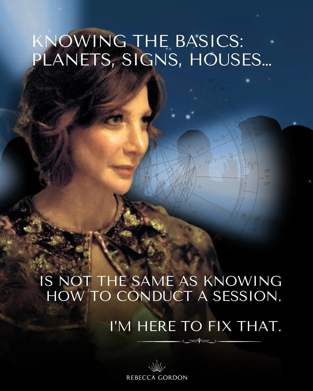 Most courses teach you the Astrology ABCs, but very few teach you:

&rarr; how to structure and deliver a reading
&rarr; ask provocative questions
&rarr; active listening
&rarr; having a memorable arch and theme
&rarr; retain flow and precision
&rarr