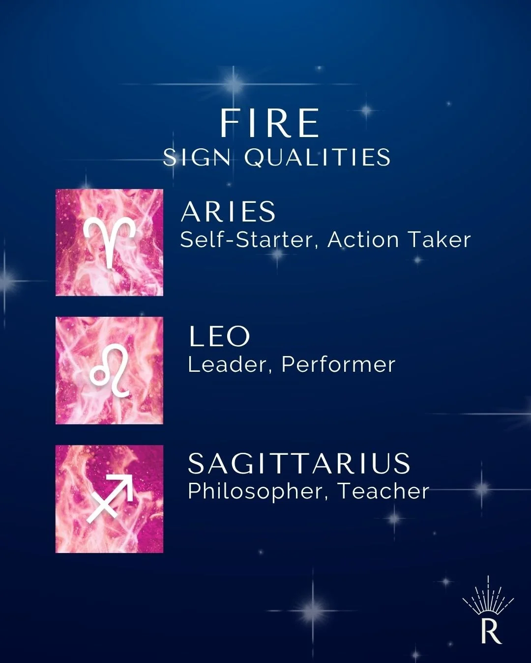 Free Webinar
Discover Your Birth Chart
Oct 11 | 2pm ET

Understanding each elements evolution through the SIGNS is a wonderful way to begin learning the different ways that specific element expresses itself.⁣

For example, spirited Fire starts off th