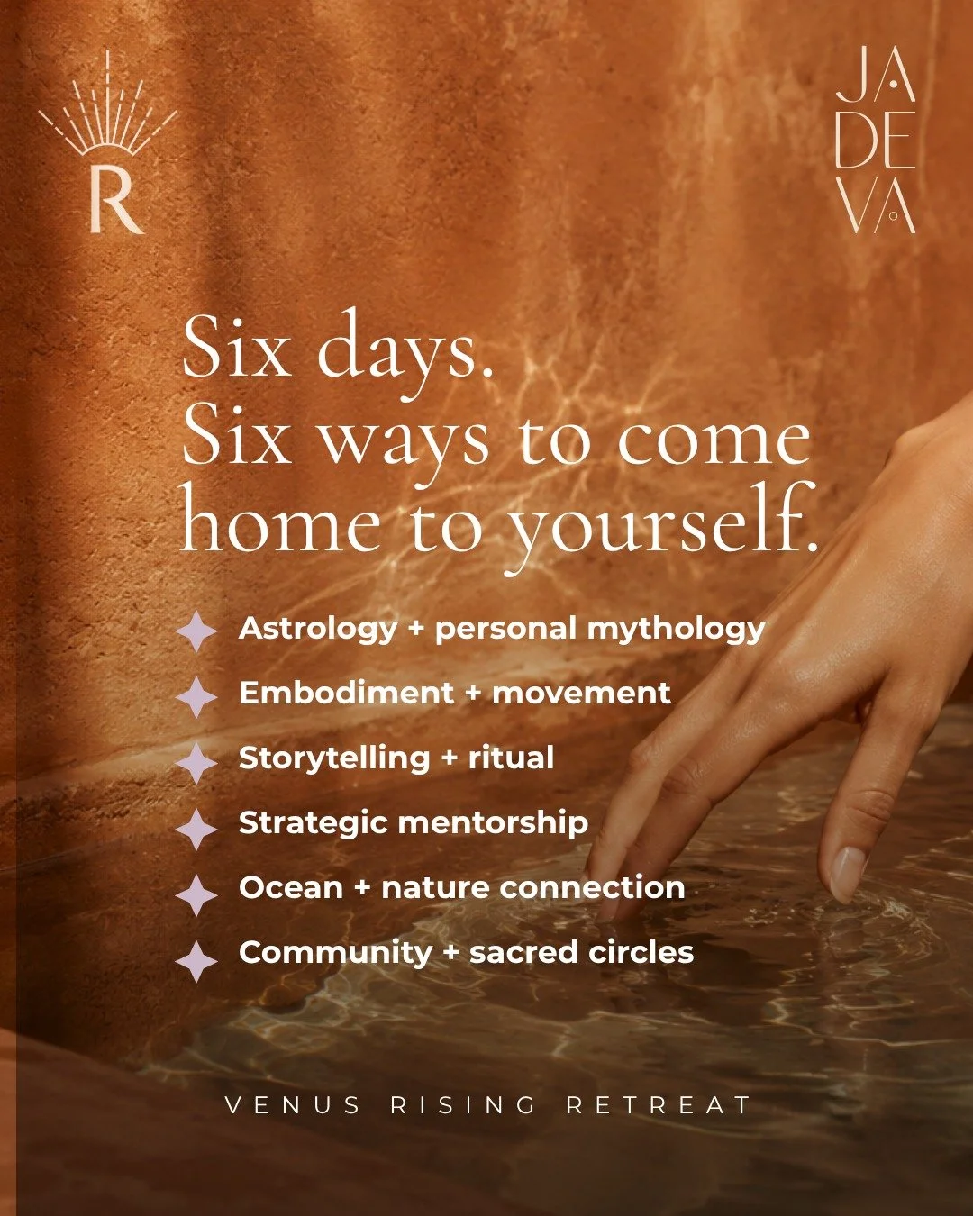 Six days to come home to yourself.

To your body.
To your creativity.
To your intuition.
To your desires.
To your voice.
To the rhythm underneath the life you have built.

Venus Rising is an invitation to step outside the pace of everyday life and en
