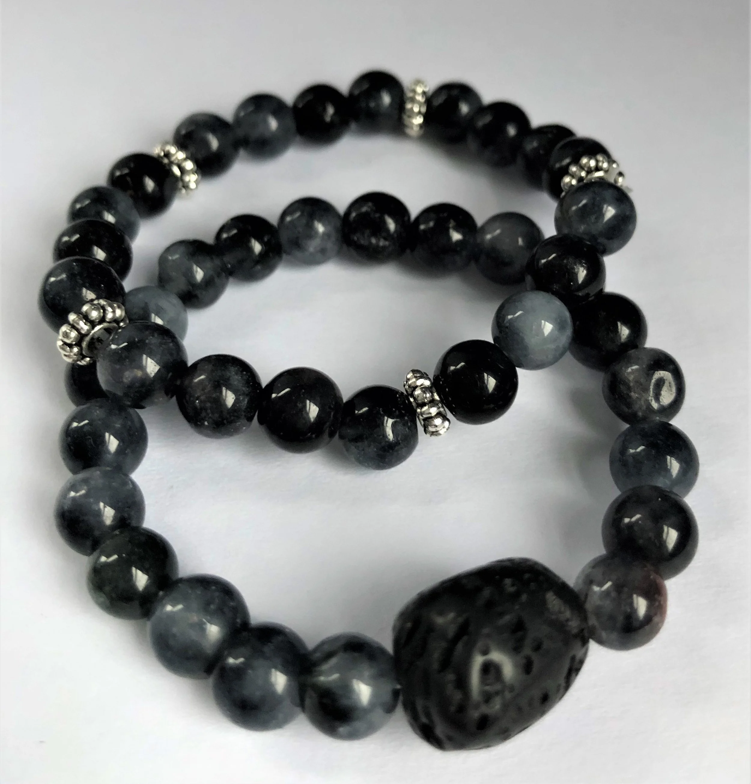 Black Bead Bracelet Pair with Lava Stone