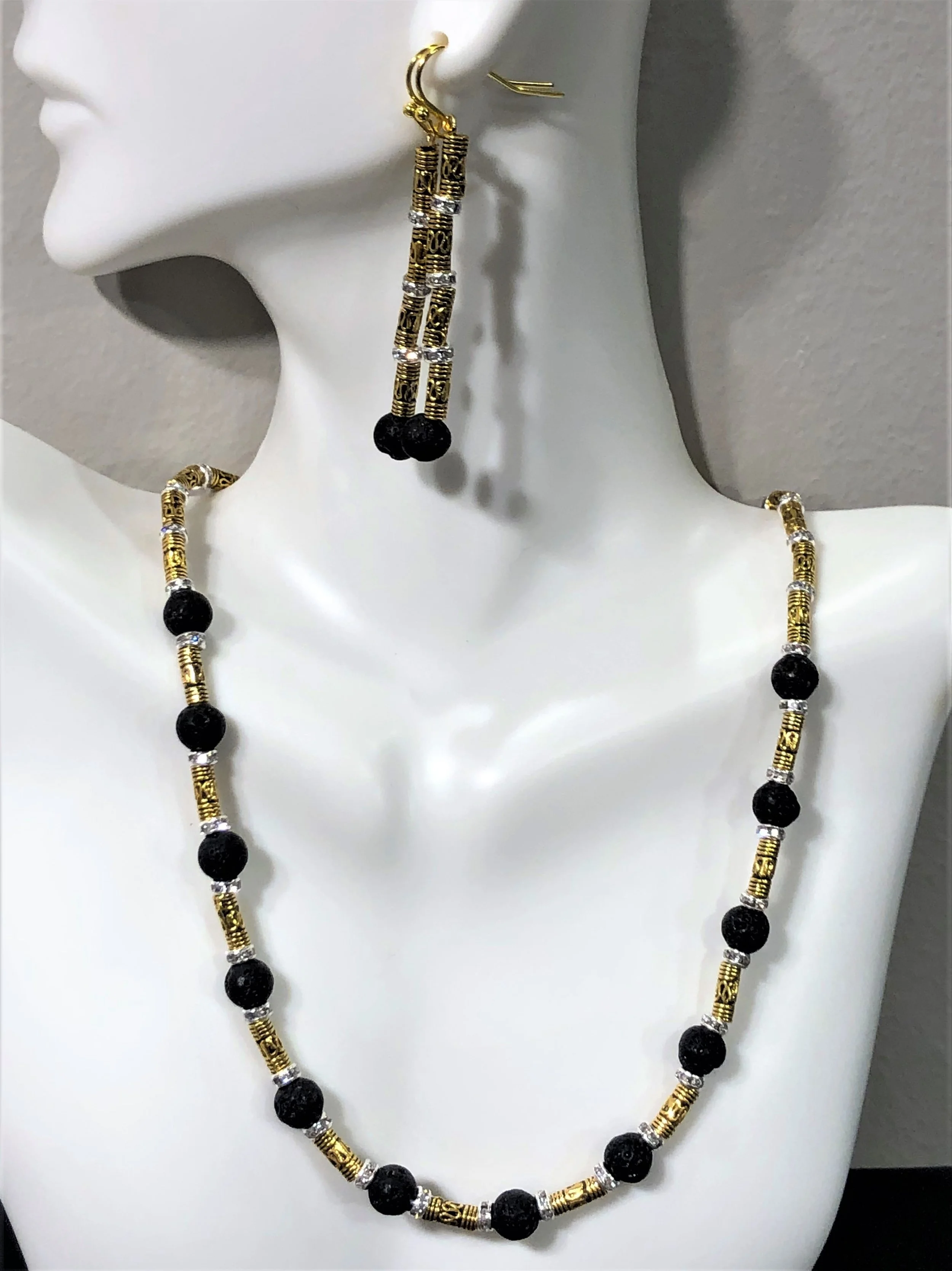 Brass Necklace with Small Lava Beads &amp; Earrings