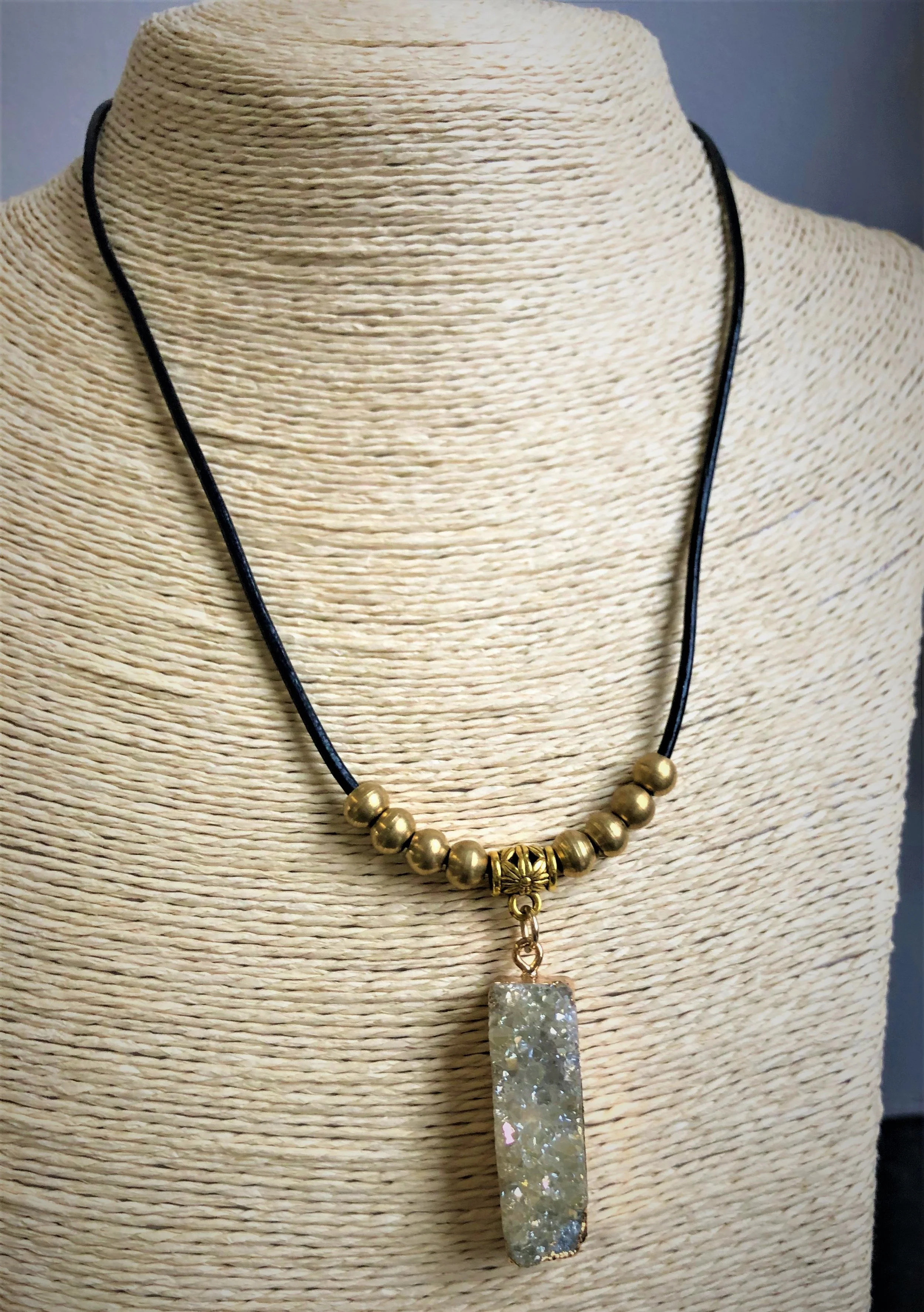 Gold Druzy Pendant Leather Necklace
