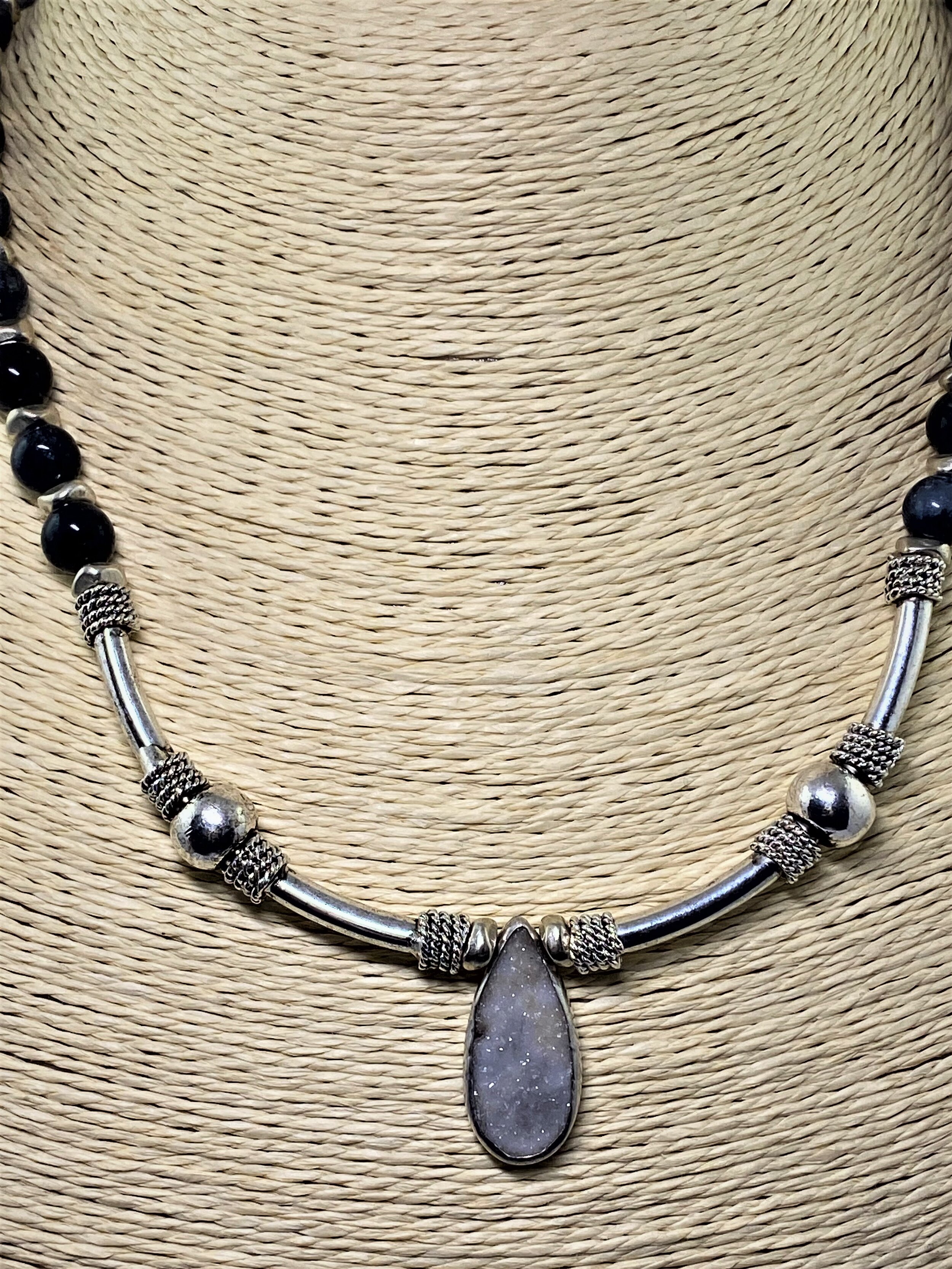 Pewter and Obsidian Druzy Necklace