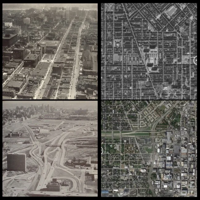 Left, 20,000 black families were removed to demolish the Mill Creek neighborhood in the heart of St. Louis. Right, thousands were removed to construct the highway to nowhere, and from 1951 to 1971, 25,000 families were displaced in the name of urban renewal, 80 to 90 percent of them black.