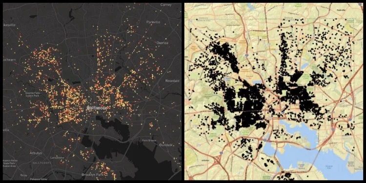 Baltimore, the past five years of shootings on the left, a recent map of vacant buildings on the right.