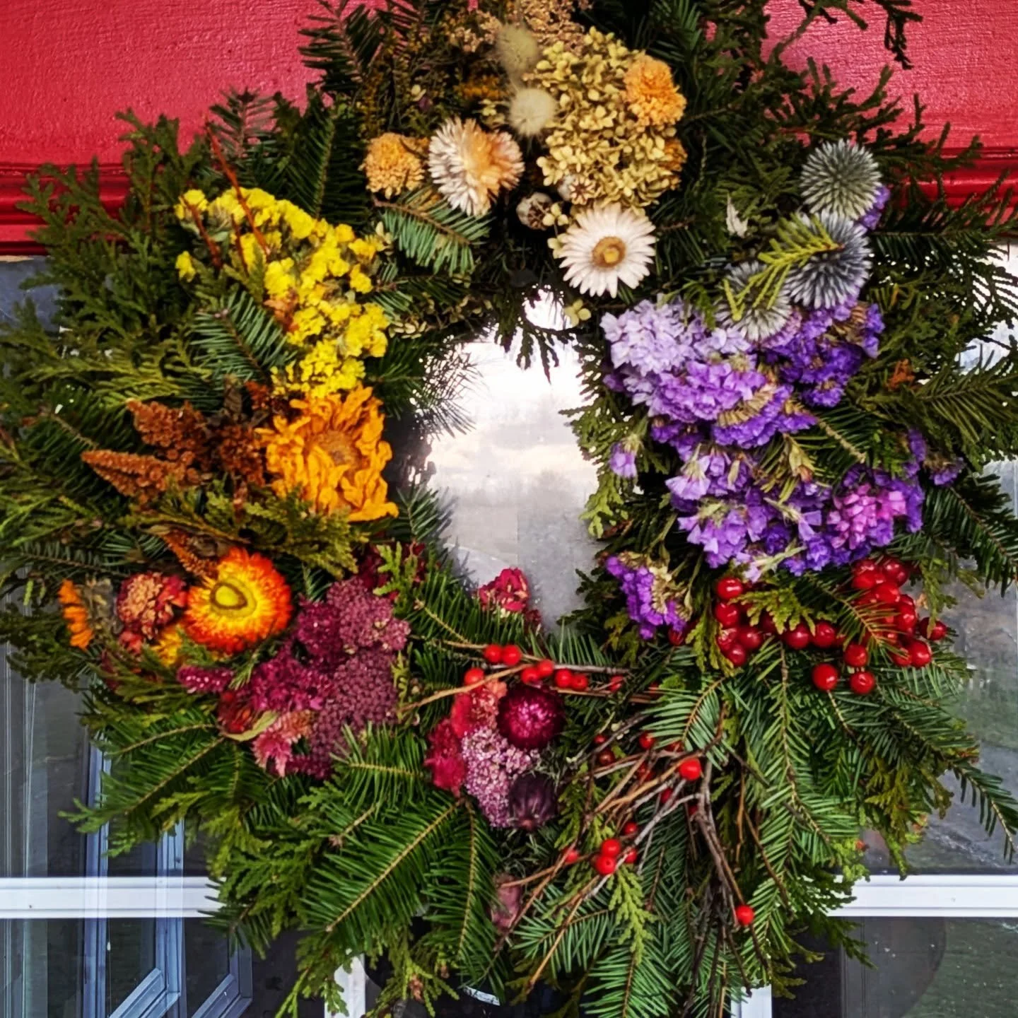 Thanks for the beautiful wreath, @brighterwithblooms ! Made with cedar and fir from our trees and her beautiful flowers. #wreath #farmhouse #cedarknollfinch