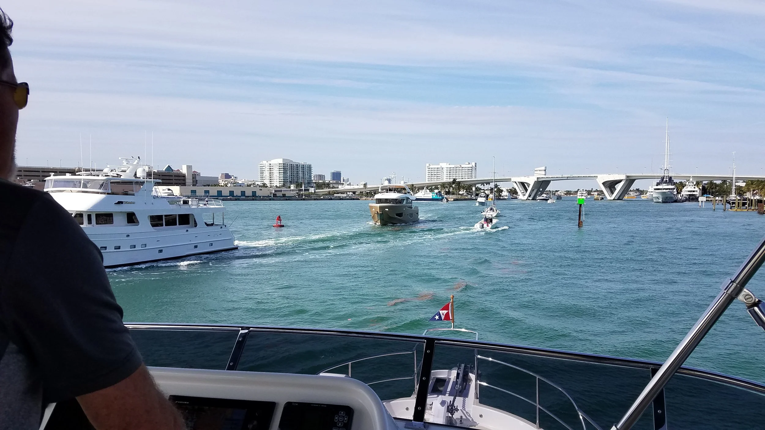 Larry at the helm entering the busy channel in Ft. Lauderdale