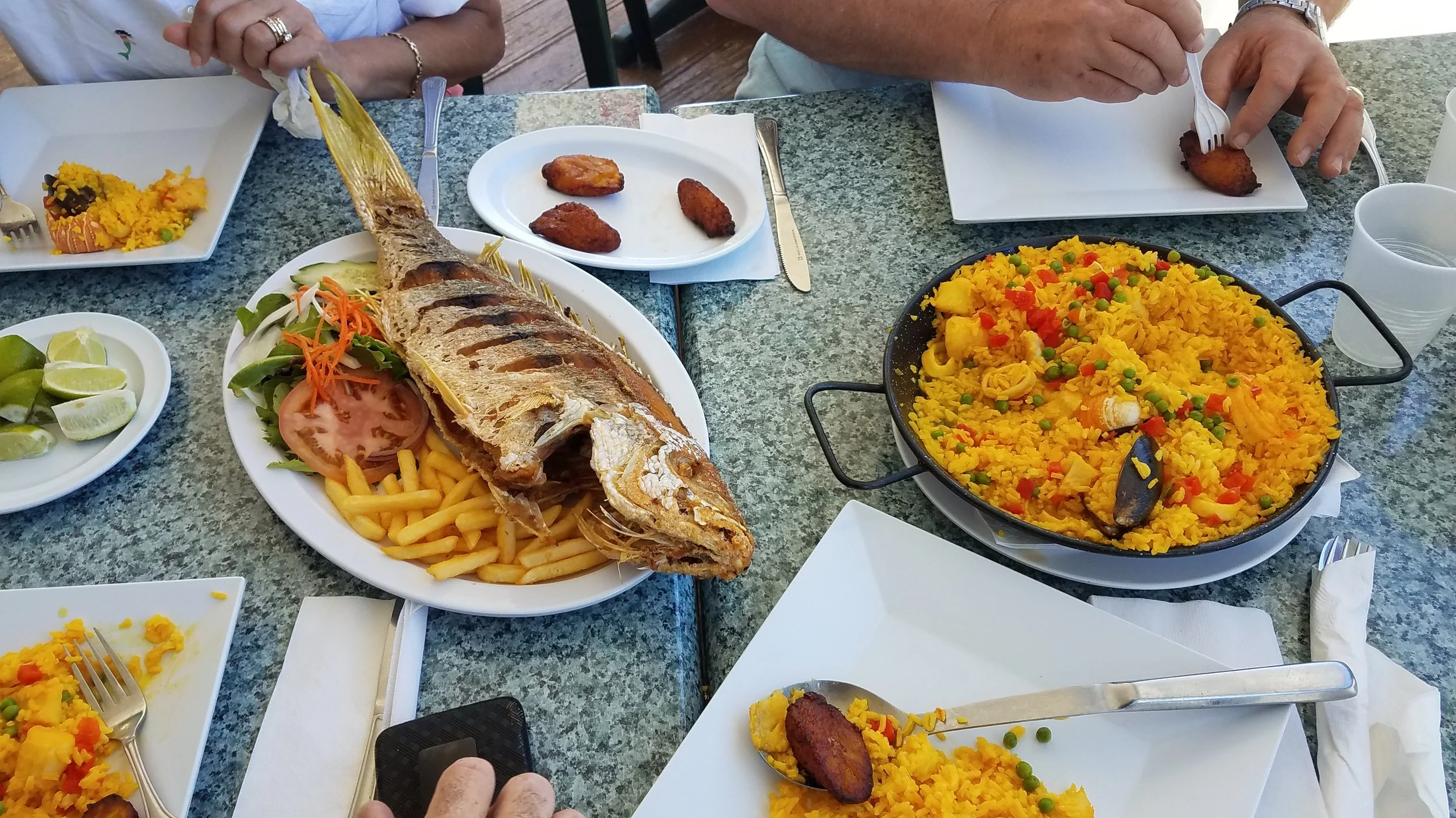 Seafood Paella, Plantains and grilled Snapper at the No Name Harbor Cafe