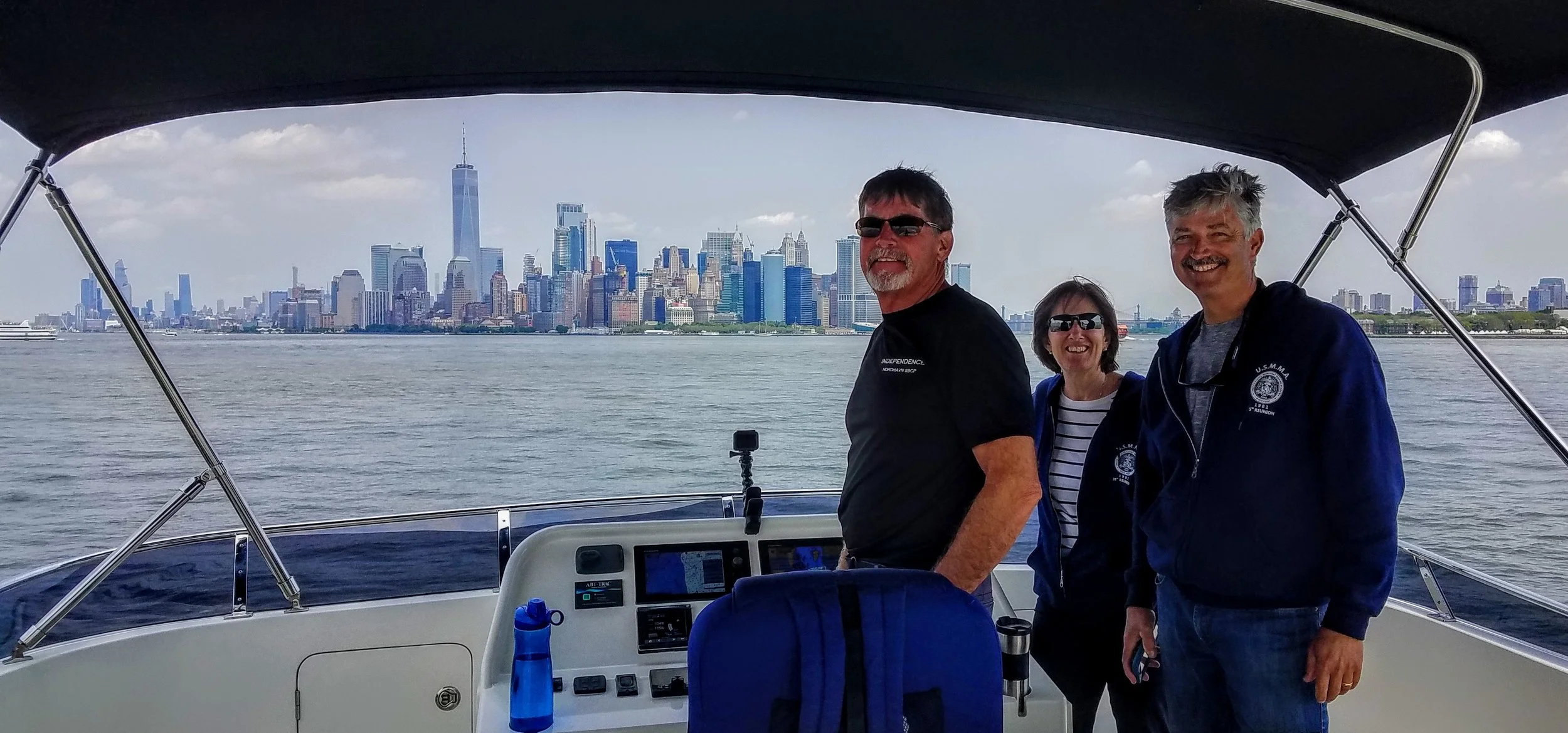 The crew approaching the Manhattan skyline and waterfront