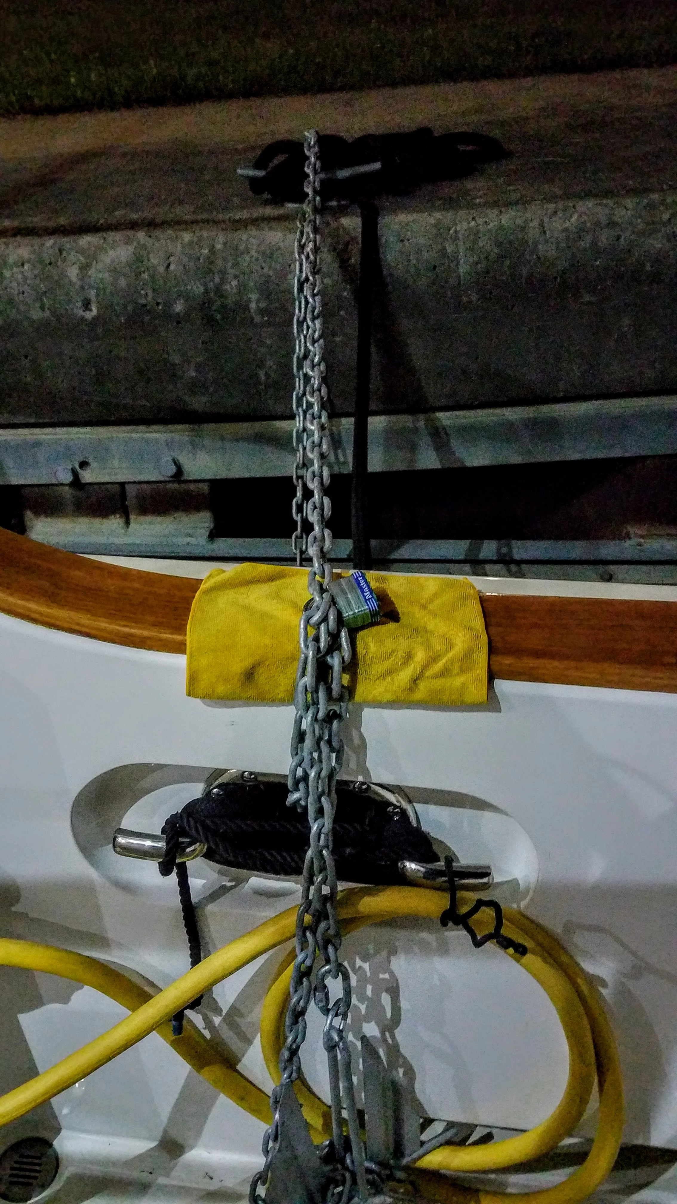 Actually had to lock up the boat tonight. We used the anchor chain from the tender and a pad lock…good grief!