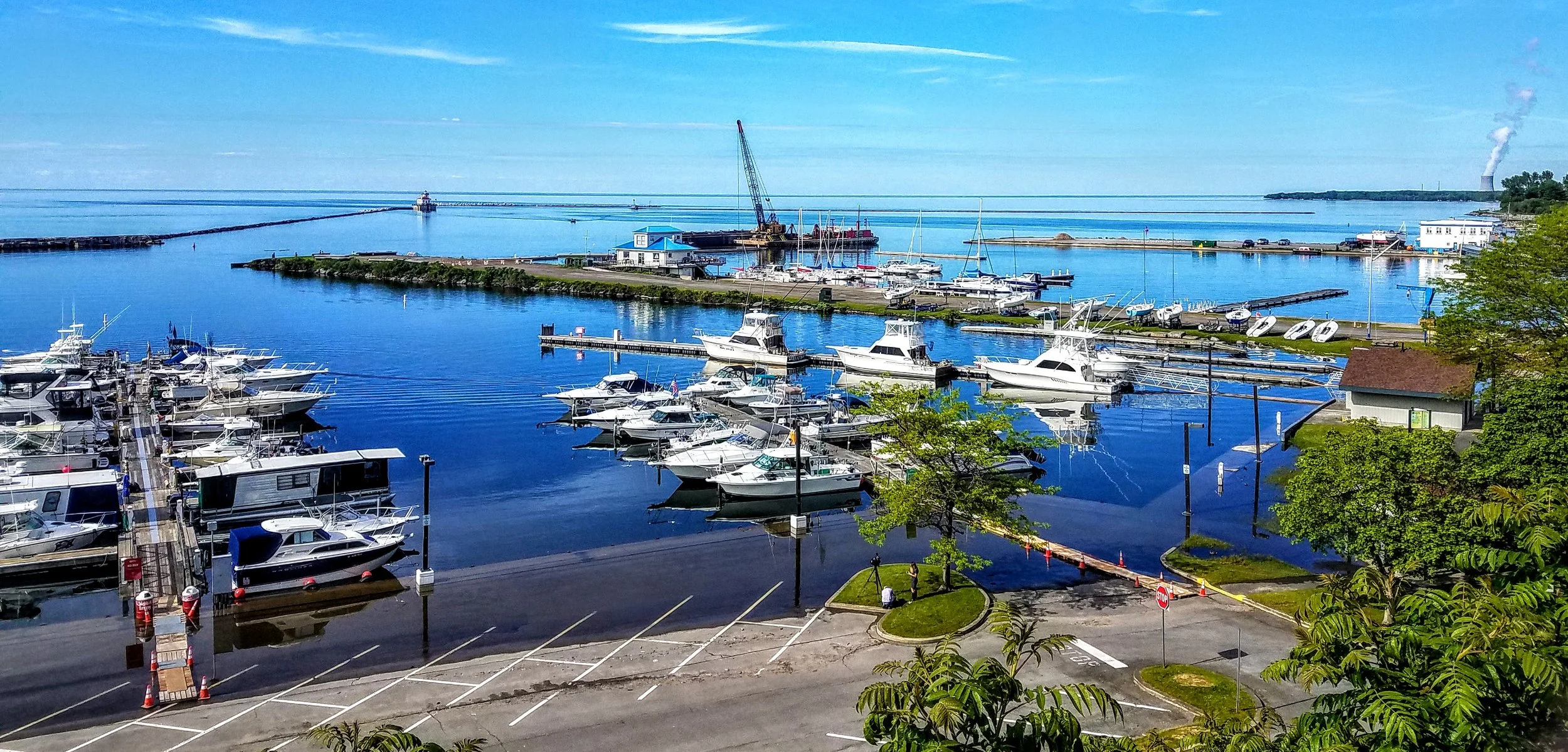 High water is still evident at the Oswego International Marina. Lake Ontario beyond looks nice and flat…we hope for similar conditions for our crossing tomorrow.