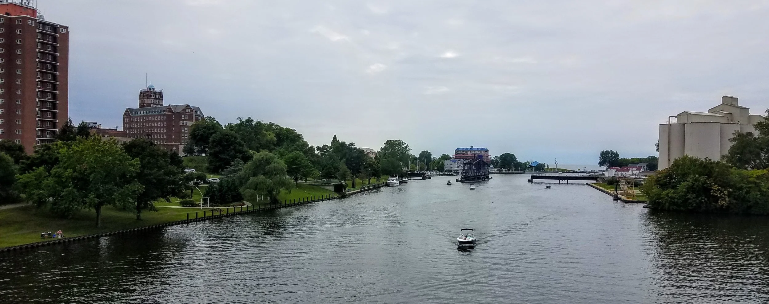Upstream from the channel on the St. Joseph River with the swing bridge in the distance