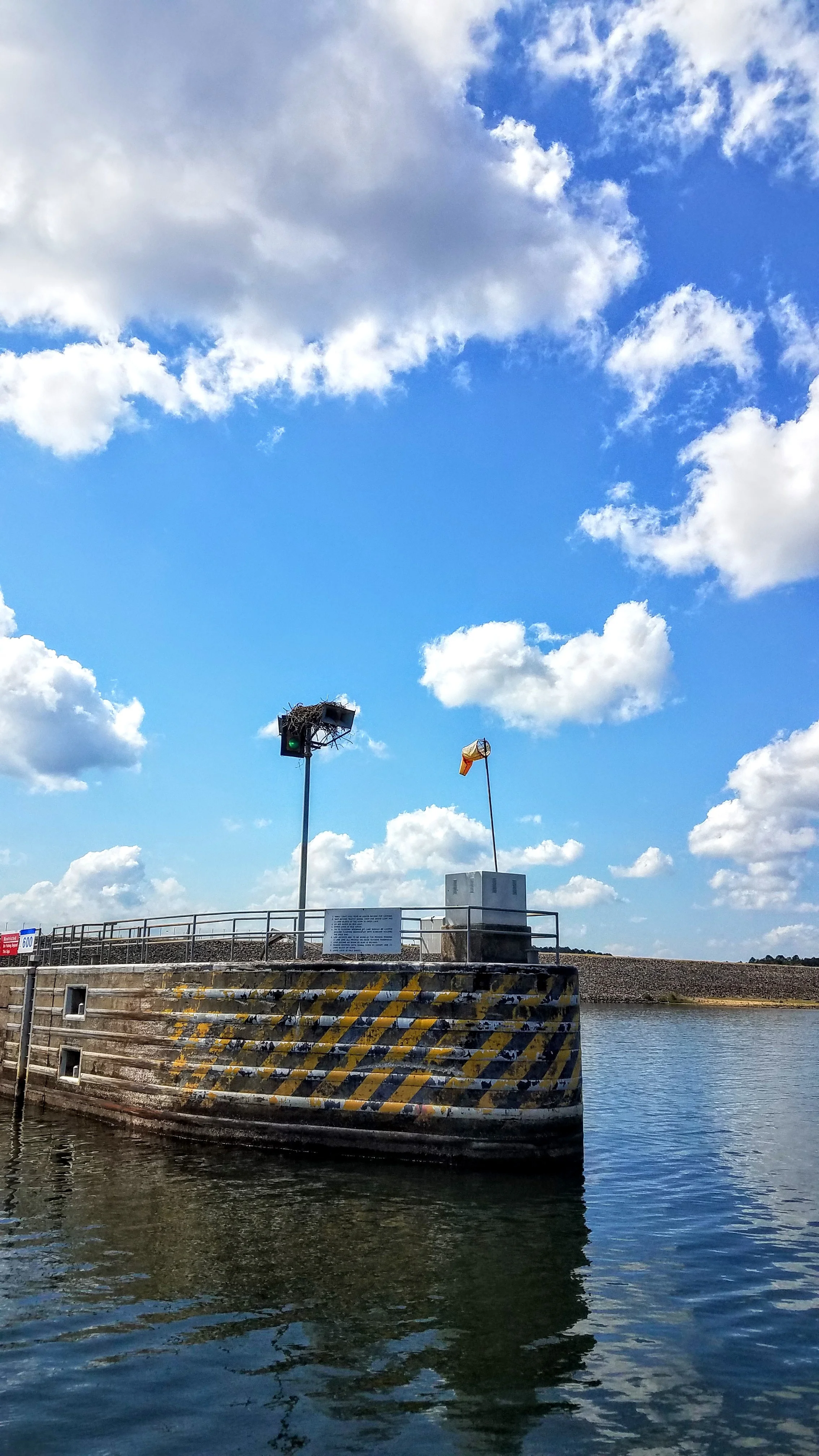 It was hard to see the red light at the Jamie Whitten Lock and Dam (which tells you not to enter) as the Osprey nest covered it…we loved seeing the green light!