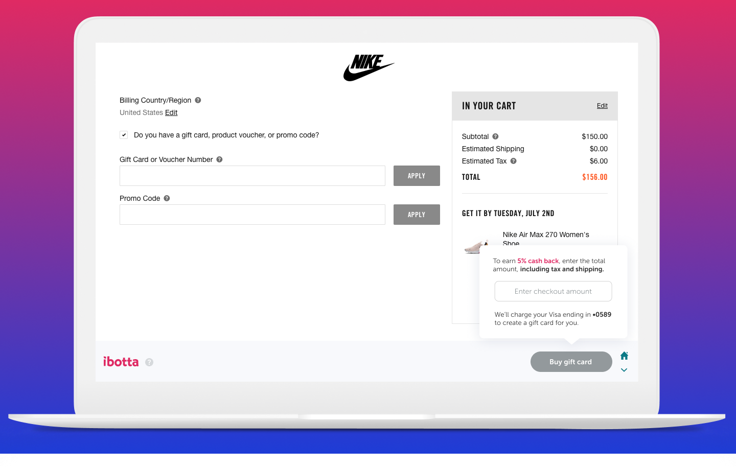 Checkout amount input When the user is ready to buy a gift card, they are presented with an input for the amount of gift card they wish to purchase.