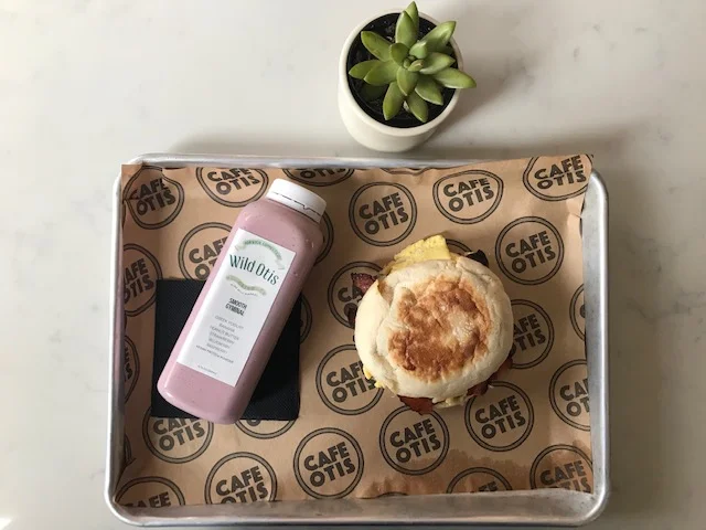 My breakfast: the egg sandwich and smoothie.