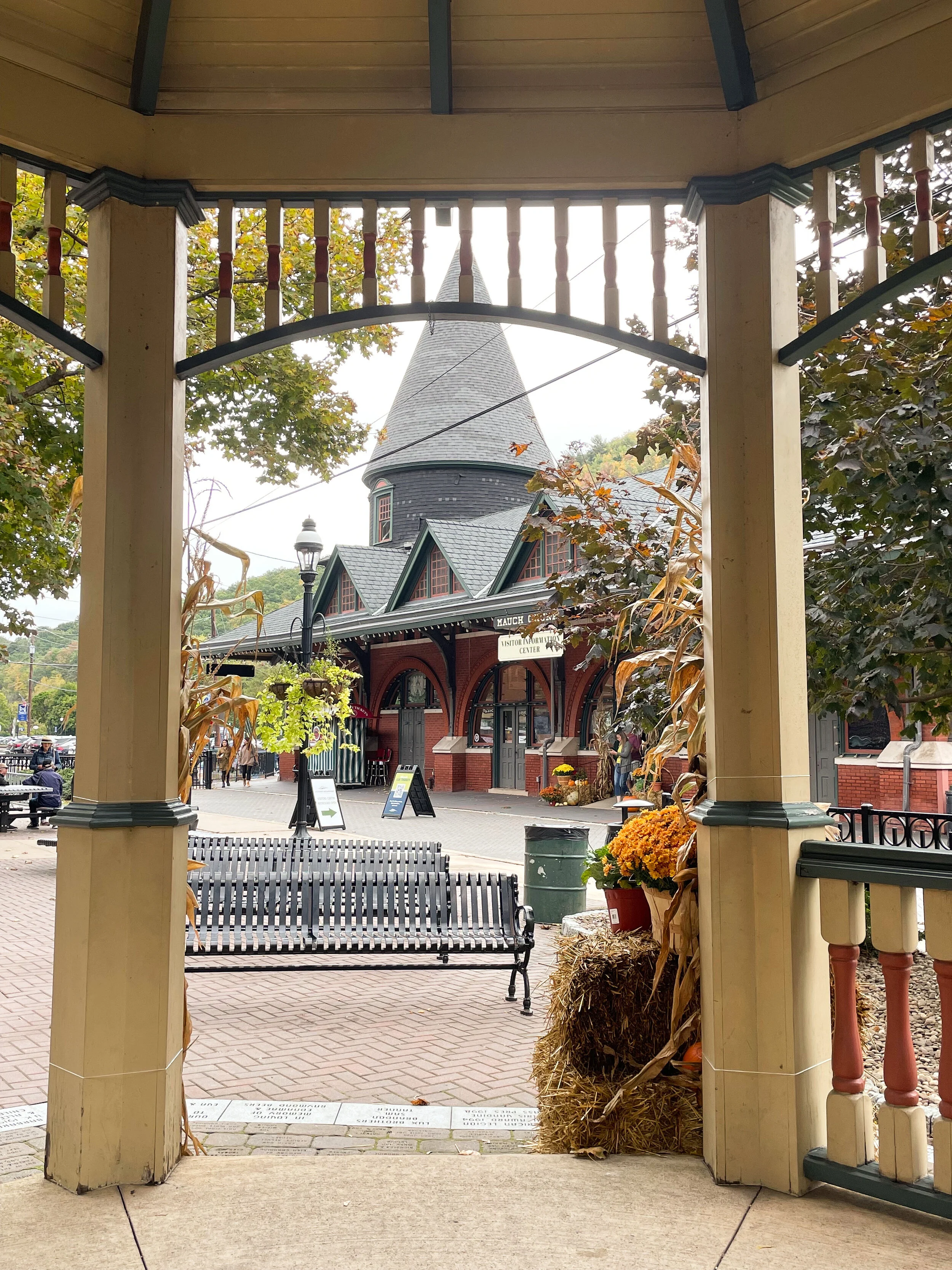 The view of the train station from the gazebo.