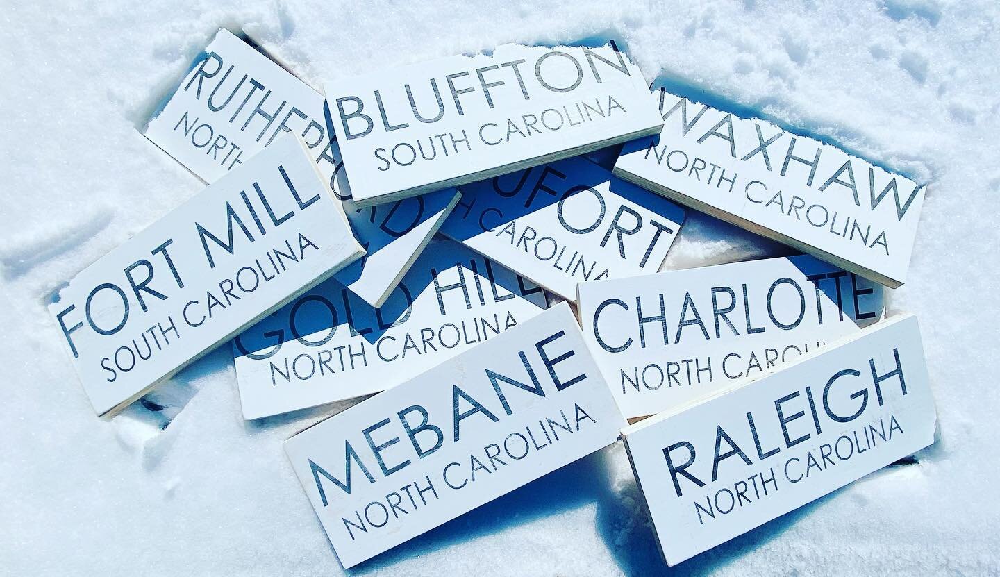 Another snowy weekend means sitting by the fire and painting all the city signs. Get your city today! #waxhaw #mebane #fortmill #blufftonsc #beaufortsc #charlotte #goldhill #rutherford #raleigh #pluffmuds #citysigns