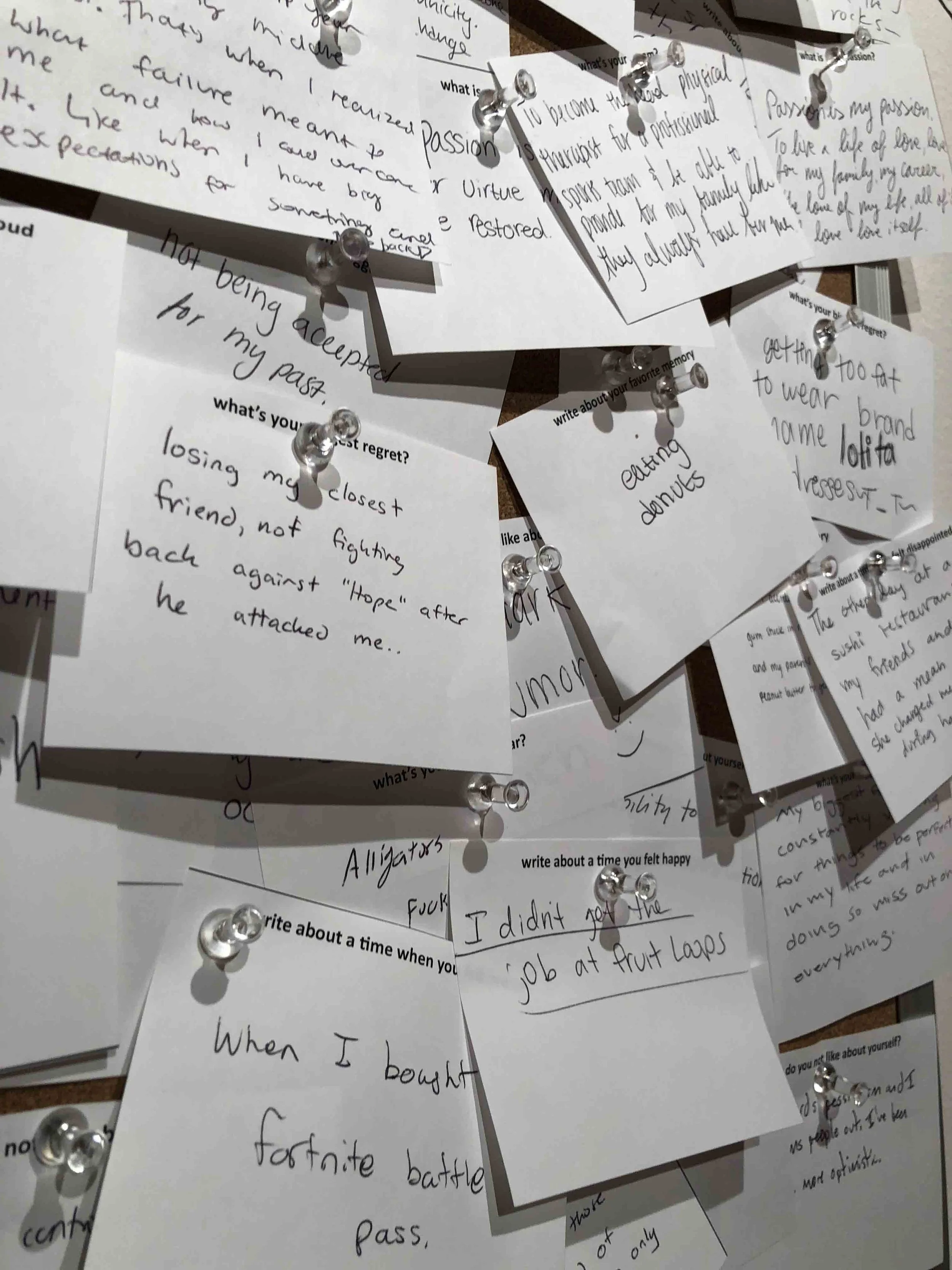 People were instructed to fill out prompts and pin them onto the cork board. Some people didn’t take it seriously, but humor in unexpected places is nice!