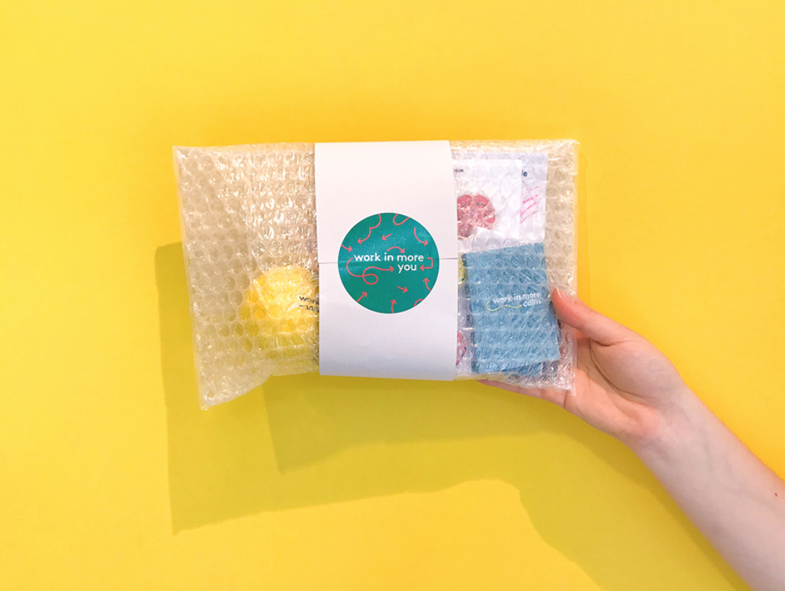 For the kit, we decided on using bubble wrap bags. For many, bubble wrap is a fun material and popping bubbles can be therapeutic. They are also transparent, so you can see the products. We thought it was a fun solution. All kits were packed individually by hand! I spent many long, long nights in the studio.