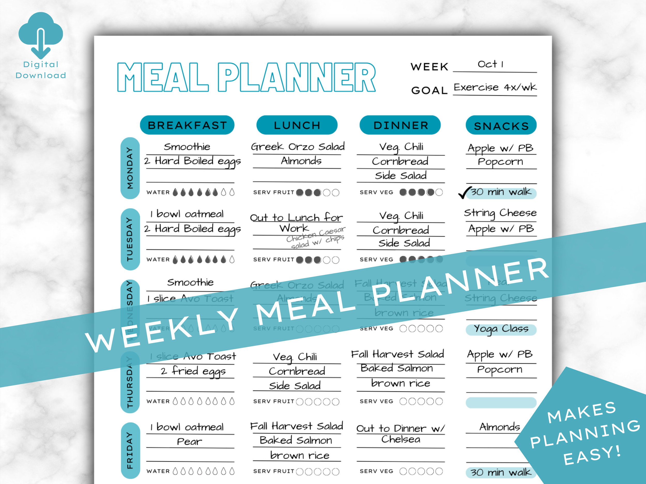 Weekly Meal Planner DIGITAL DOWNLOAD in Teal