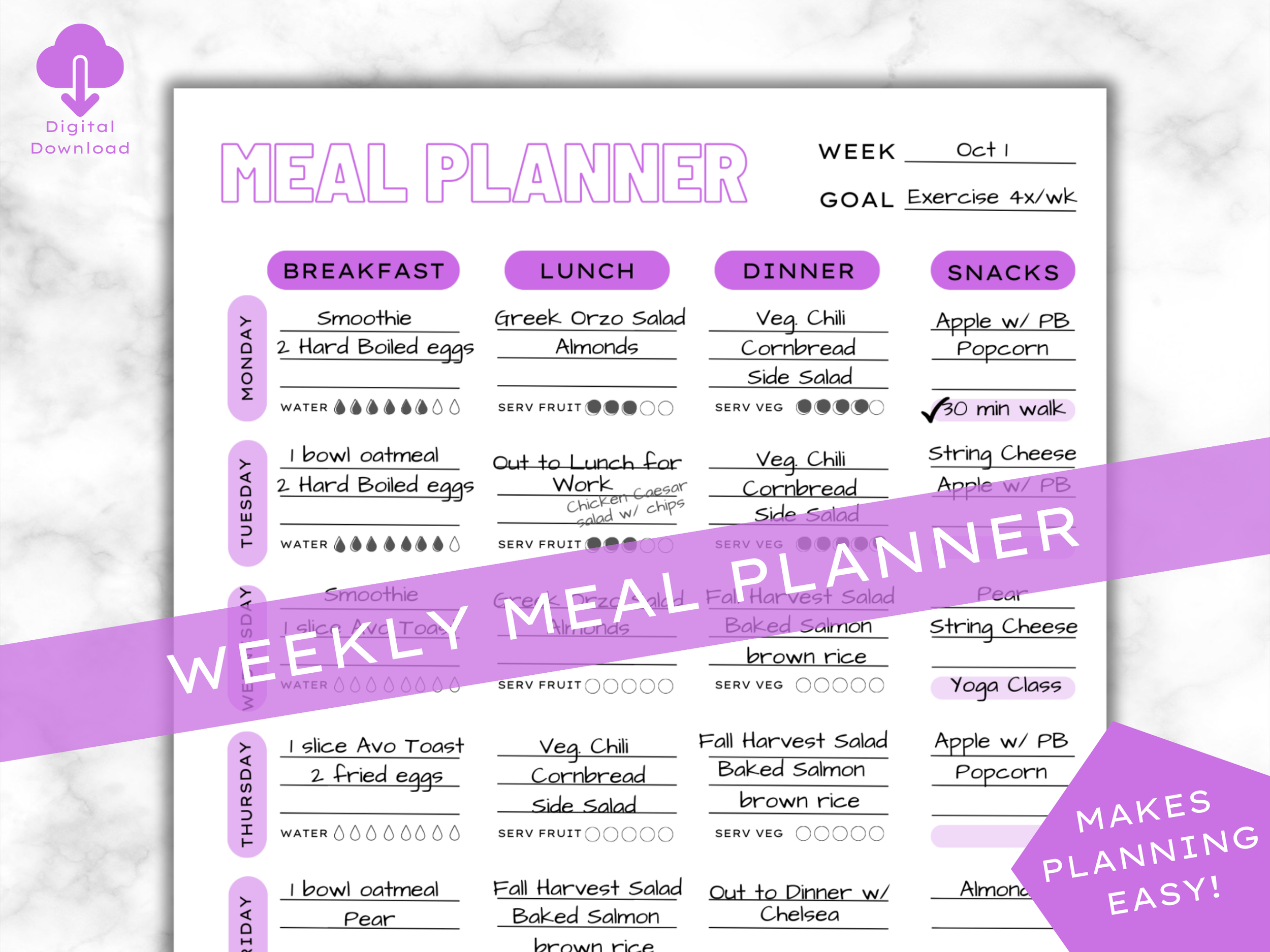 Weekly Meal Planner DIGITAL DOWNLOAD in Magenta