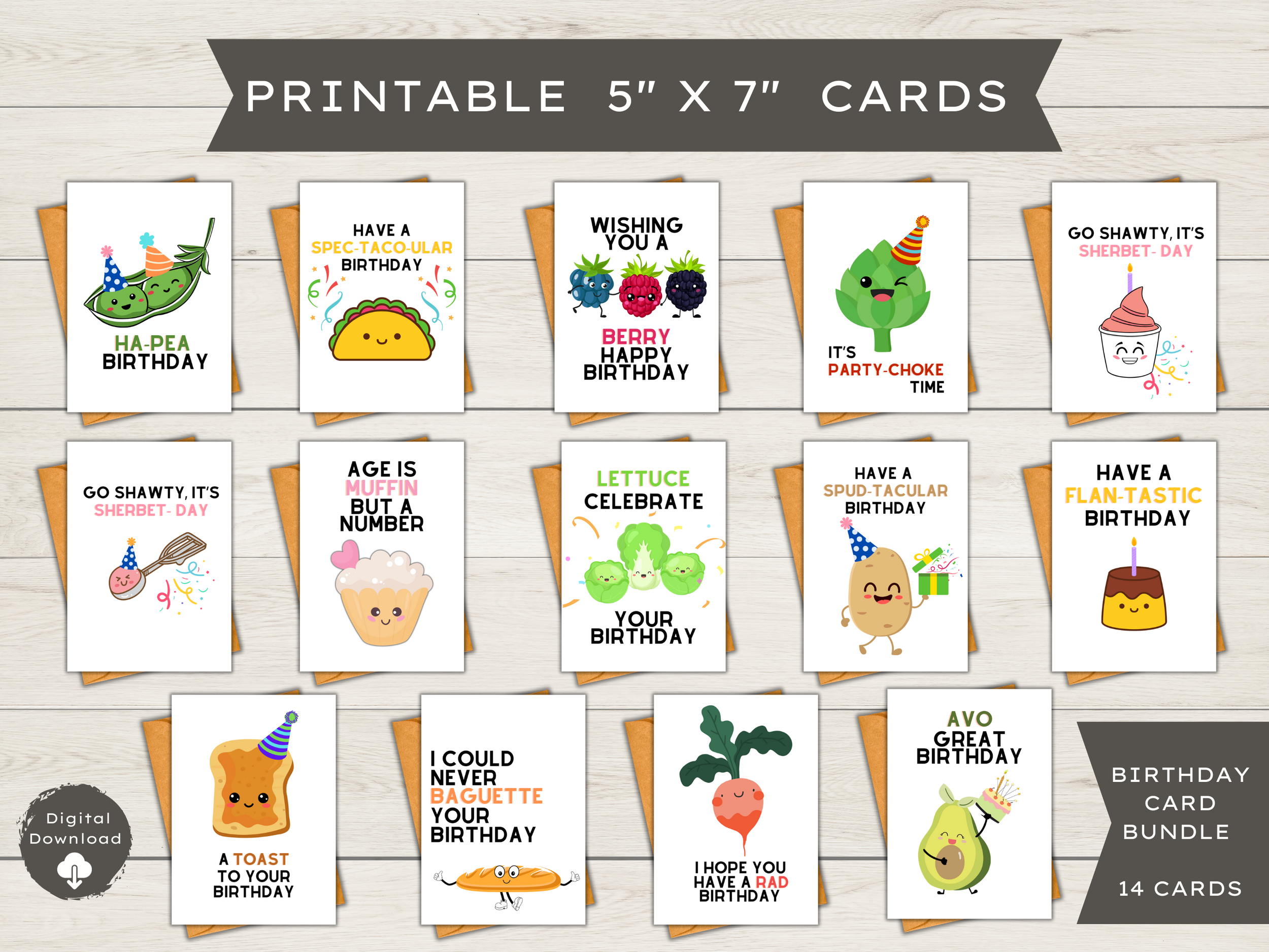 14ct Printable Food themed Birthday Cards 