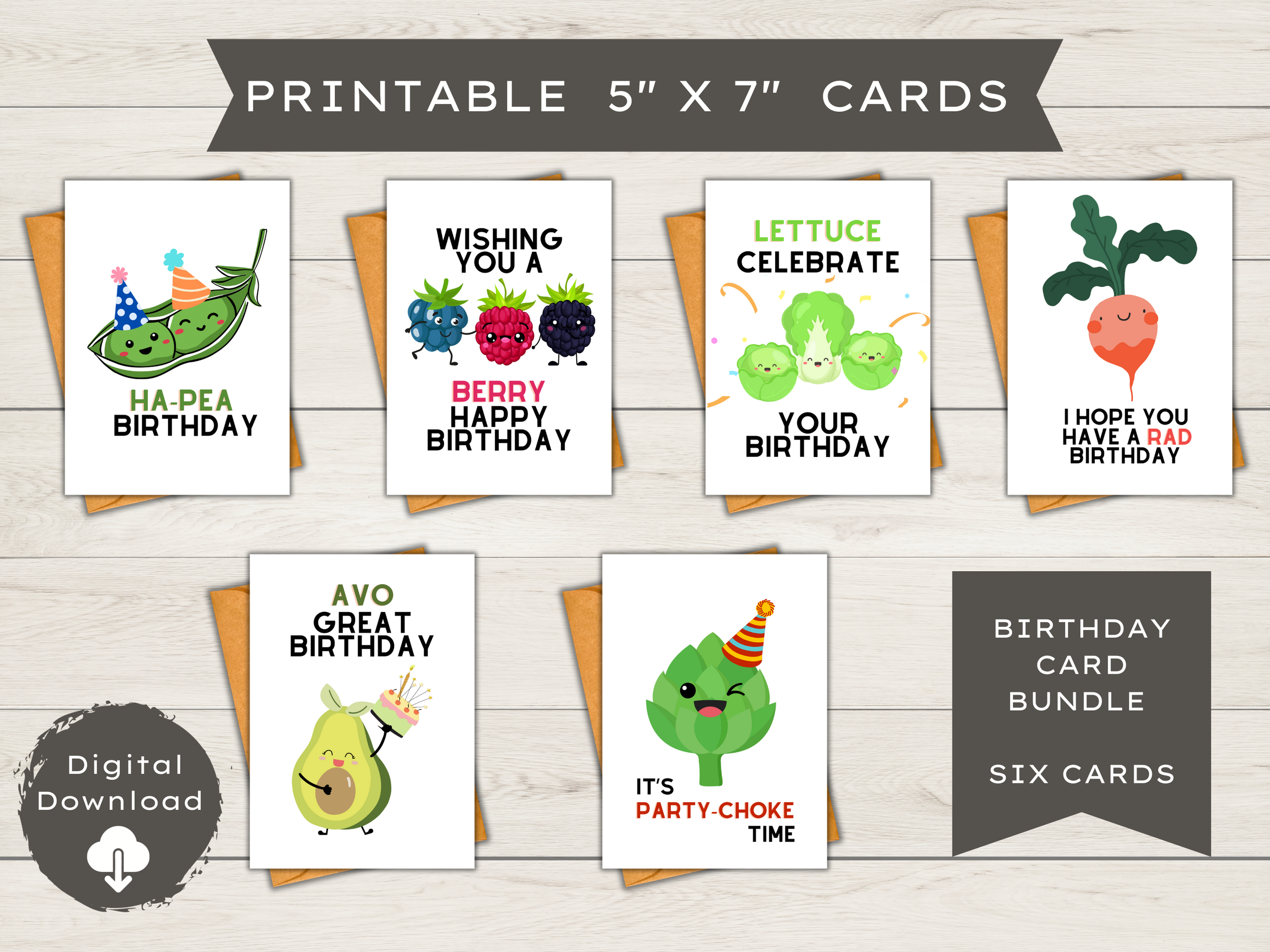 6ct Printable Fruit and Veggie themed Birthday Cards