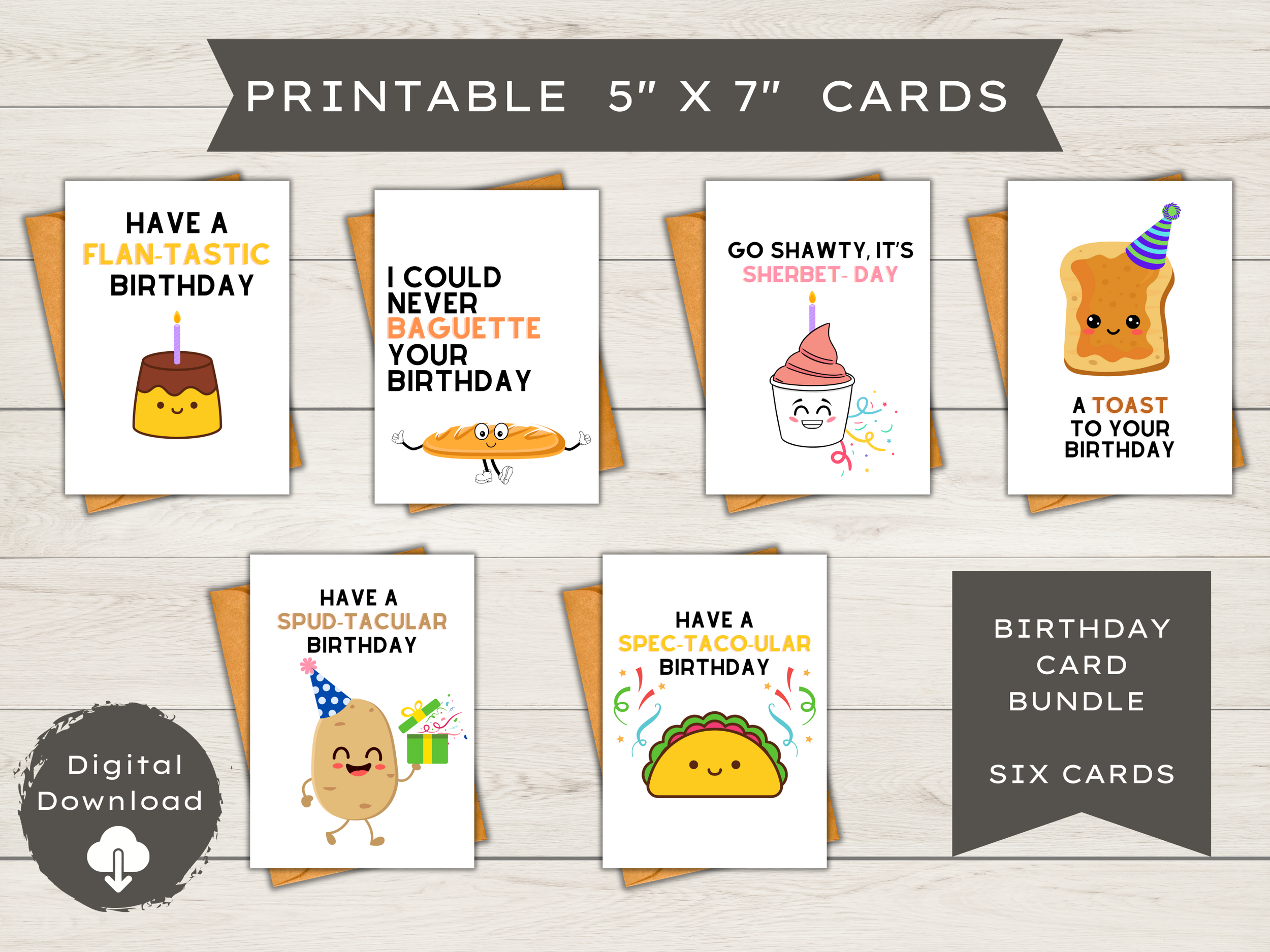 6ct Printable Food themed Birthday Cards