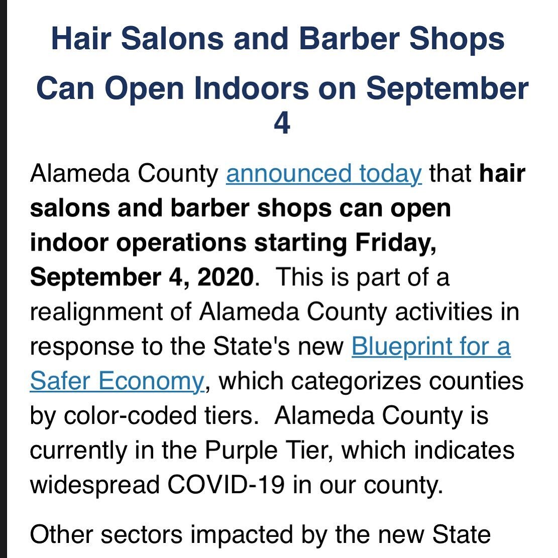 Good news. This was just announced. We will not be reopening on 9/4 but will shortly after.

We are combing through the new rules and regulations that were updated on 9/1 to keep our clients and barbers safe while being compliant.

Thank you for your