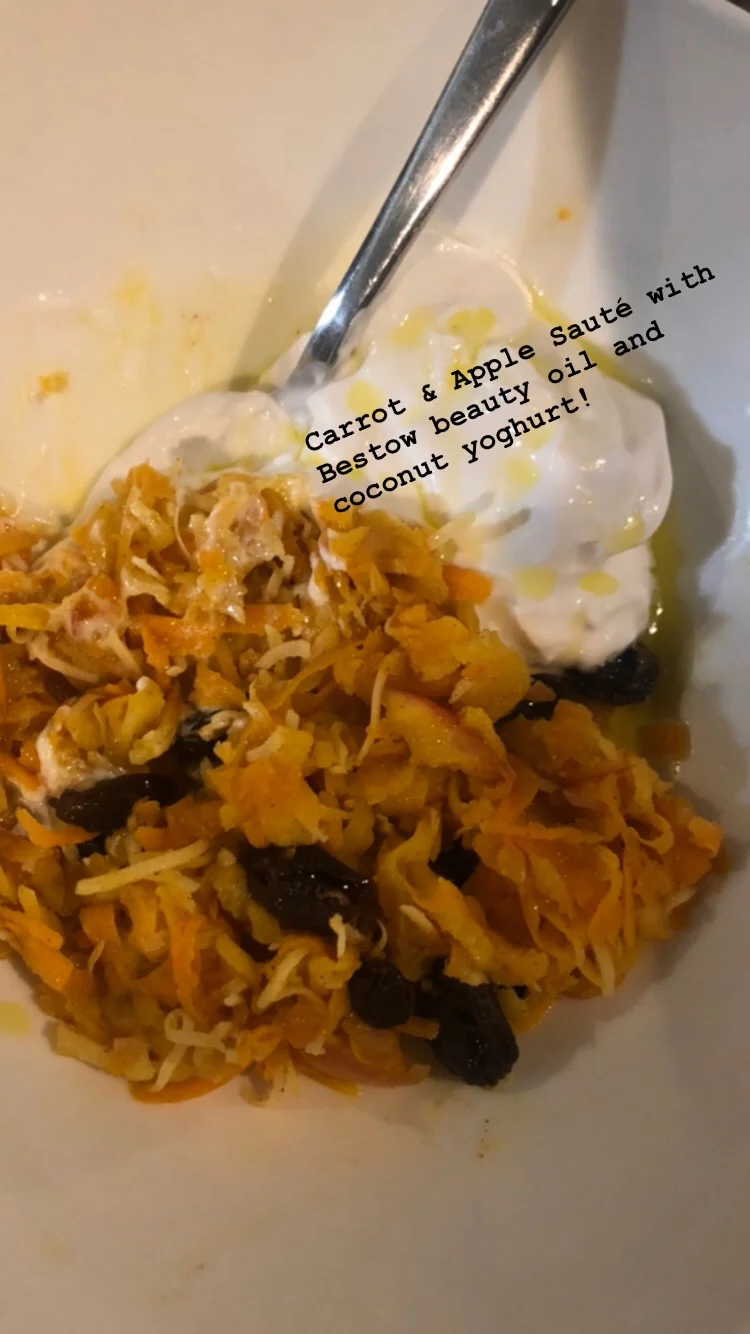 Breakfast on day one was sauteed grated carrots and apple with coconut yoghurt and my Bestow Beauty Plus oil! Yummy!