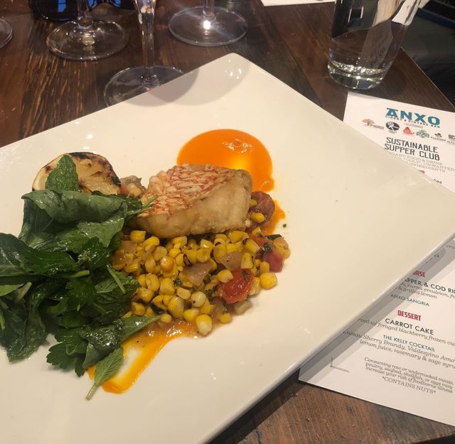 The main course @anxotruxton during last night&rsquo;s Sustainable Supper Club! Uses an often discarded cut of red snapper, along with local produce. HUGE thanks to @anxotruxton @alexvallcorba  @anxocider for hosting this event to kick off #RescueDis