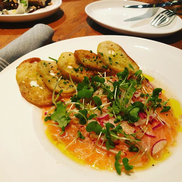 Salmon carpaccio @urbana_dc ! Uses the belly cut, which is often discarded (why????), and simply dresses it with olive oil and lemon for a delicate and refreshing appetizer. So good!!! Get it July 13 - 20 during #rescuedishdc ! For a full list of res