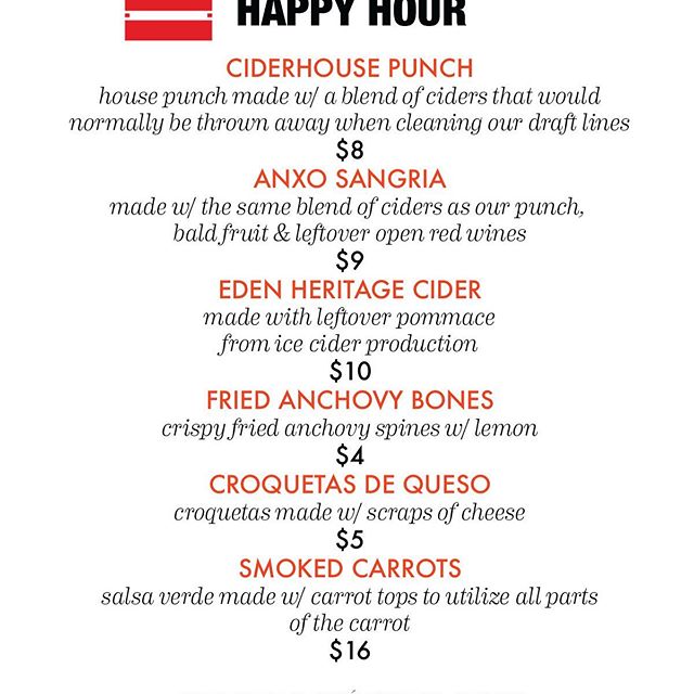 Join us @anxotruxton TONIGHT for a DC Food Recovery Week happy hour featuring a special menu of upcycled dishes and drinks! Check out this amazing menu. Root-to-leaf smoked carrots, cider made from leftovers from ice cider making, and fried anchovy b