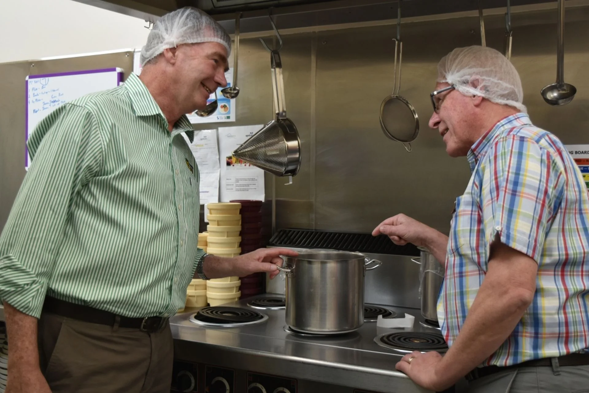 Nationals Senator Steve Martin (L) discusses with Aged Care Deloraine’s CEO, Charlie Emmerton upgrades to the facilities in the kitchen at Grenoch. Photo | Emma Hodgkinson