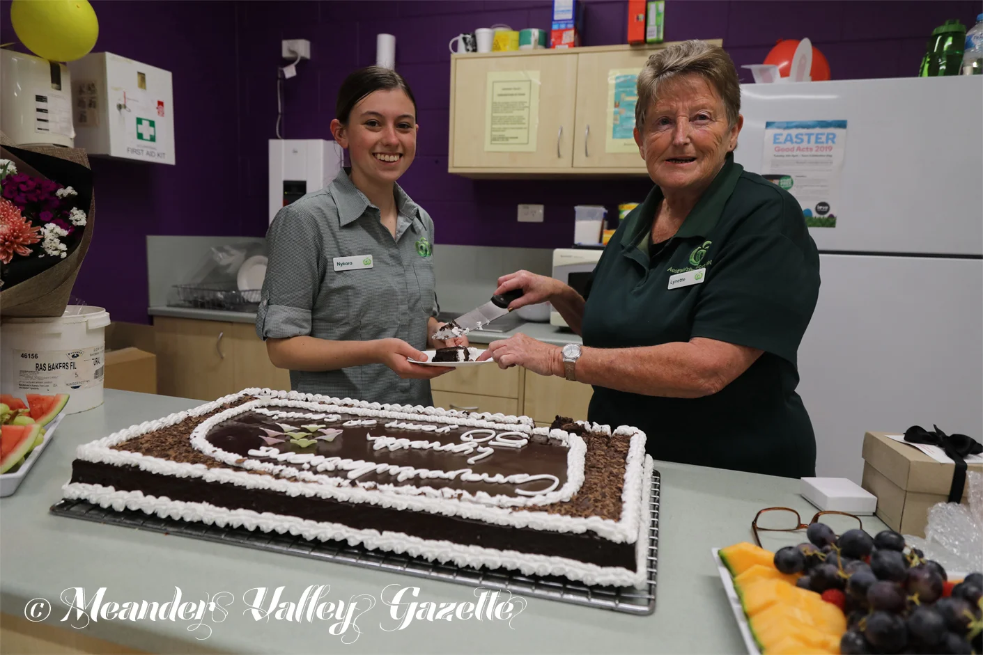Lynette Morris, Woolworths longest serving employee with the newest, 17-year-old Nykara Simpson. Photo by Mike Moore