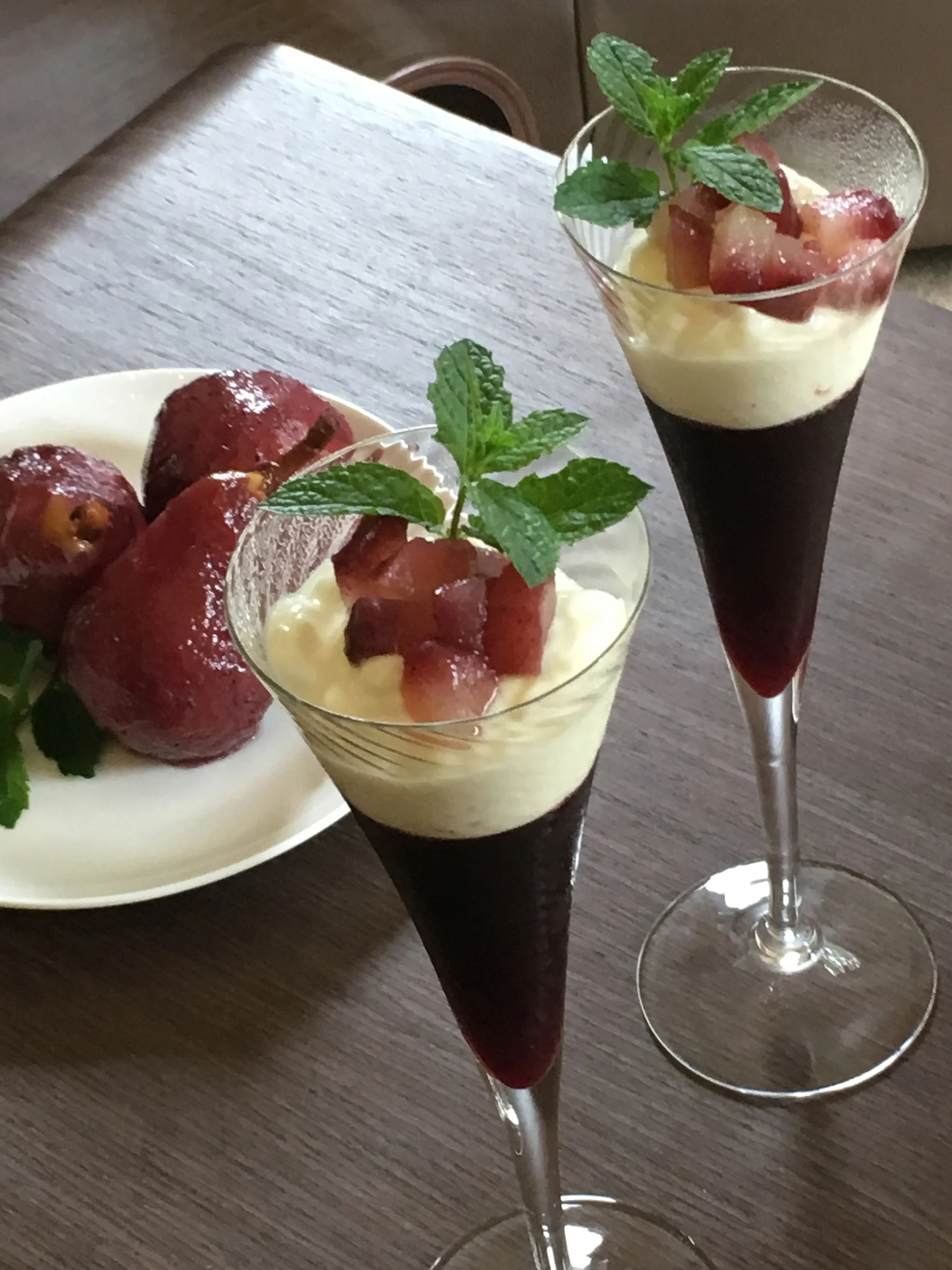 Mulled wine, served jelly-cold with nippy poached pears and minty Greek yoghurt. Photo by Wai Lin Coultas