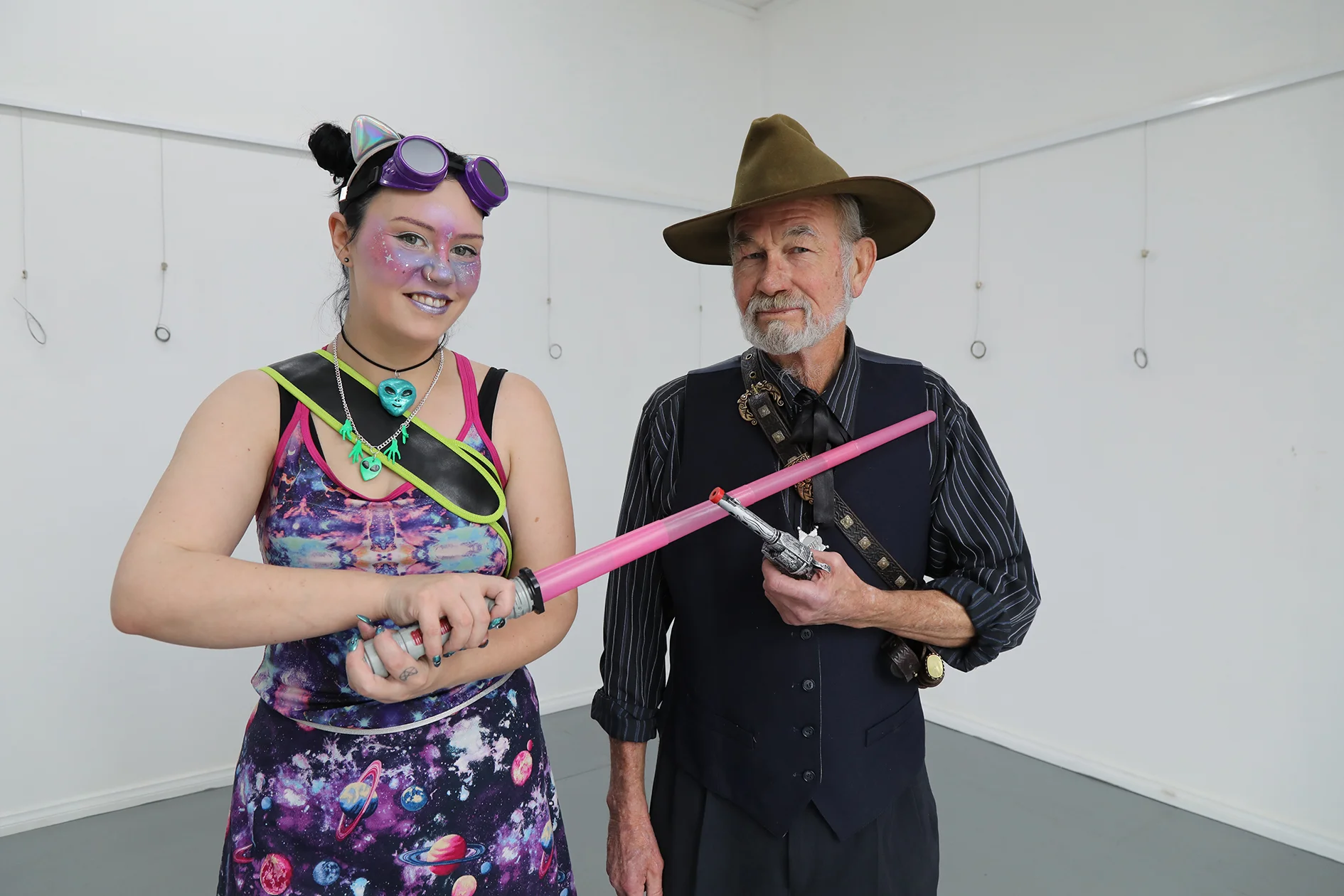 CJ Kilbride and Ken Bradford, both of Deloraine, showing off their martial skills in anticipation of this year’s Space Western showdown. Photo by Mike Moores