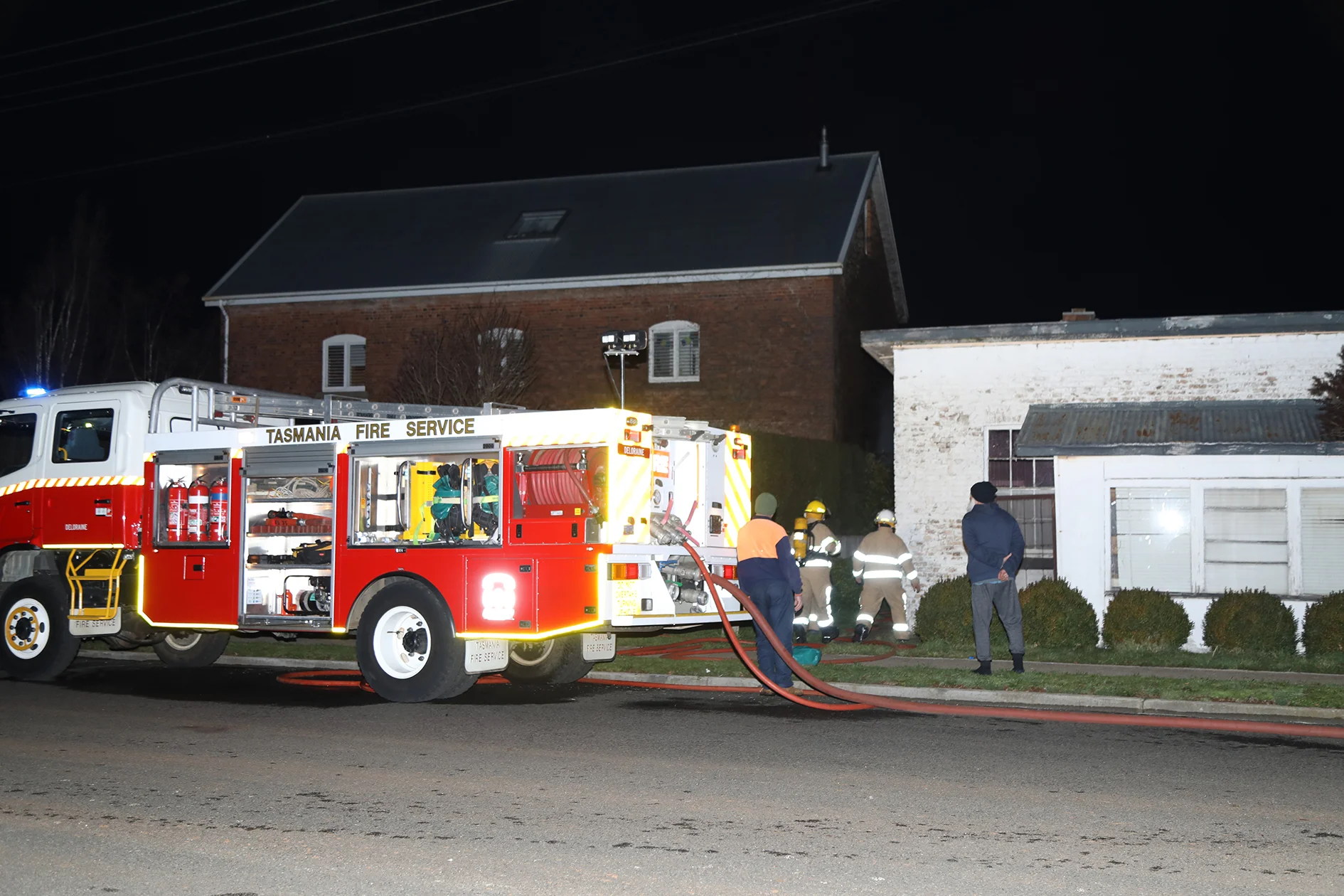 Smouldering ash ignited a blaze between two houses in Beefeater Street on Friday 14 but Deloraine Fire Brigade was quick to respond. Photo Mike Moores