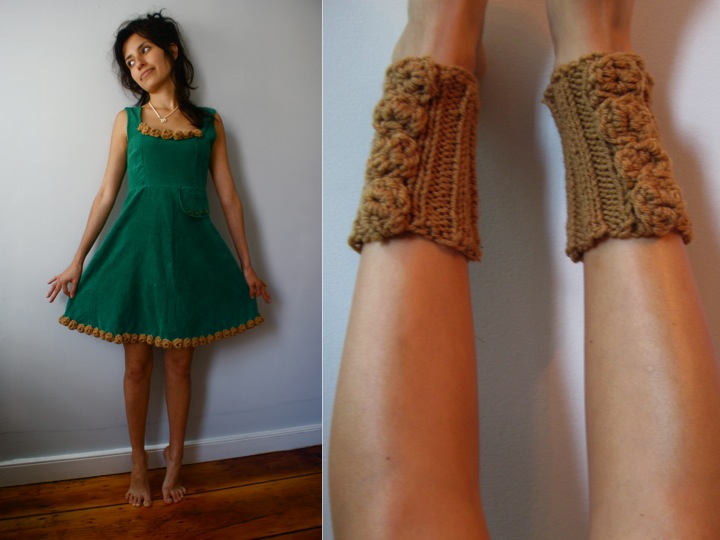 Upcycled Corduroy Dress with Crochet Ankle Warmers