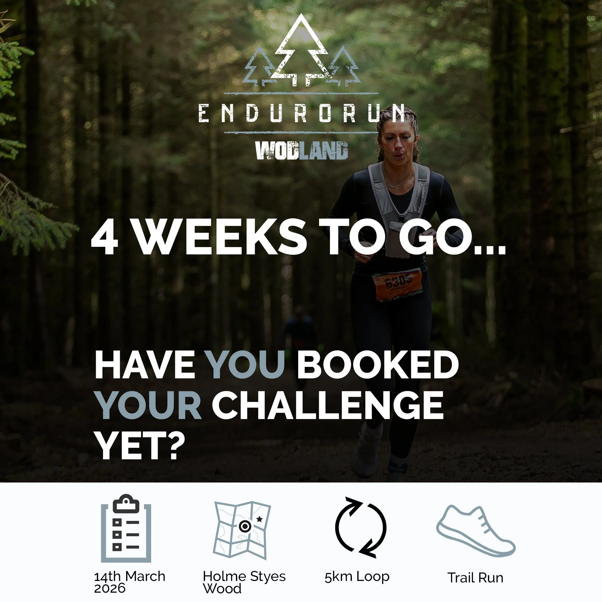 4 weeks to go until WODland Endurorun - Saturday 14th March

🏃🏼YOUR CHALLENGE YOUR WAY🏃🏼

THE PERFECT 5km looped trail run which is designed for EVERYONE!

Pick your challenge and complete it in your way whilst enjoying the amazing natural countr