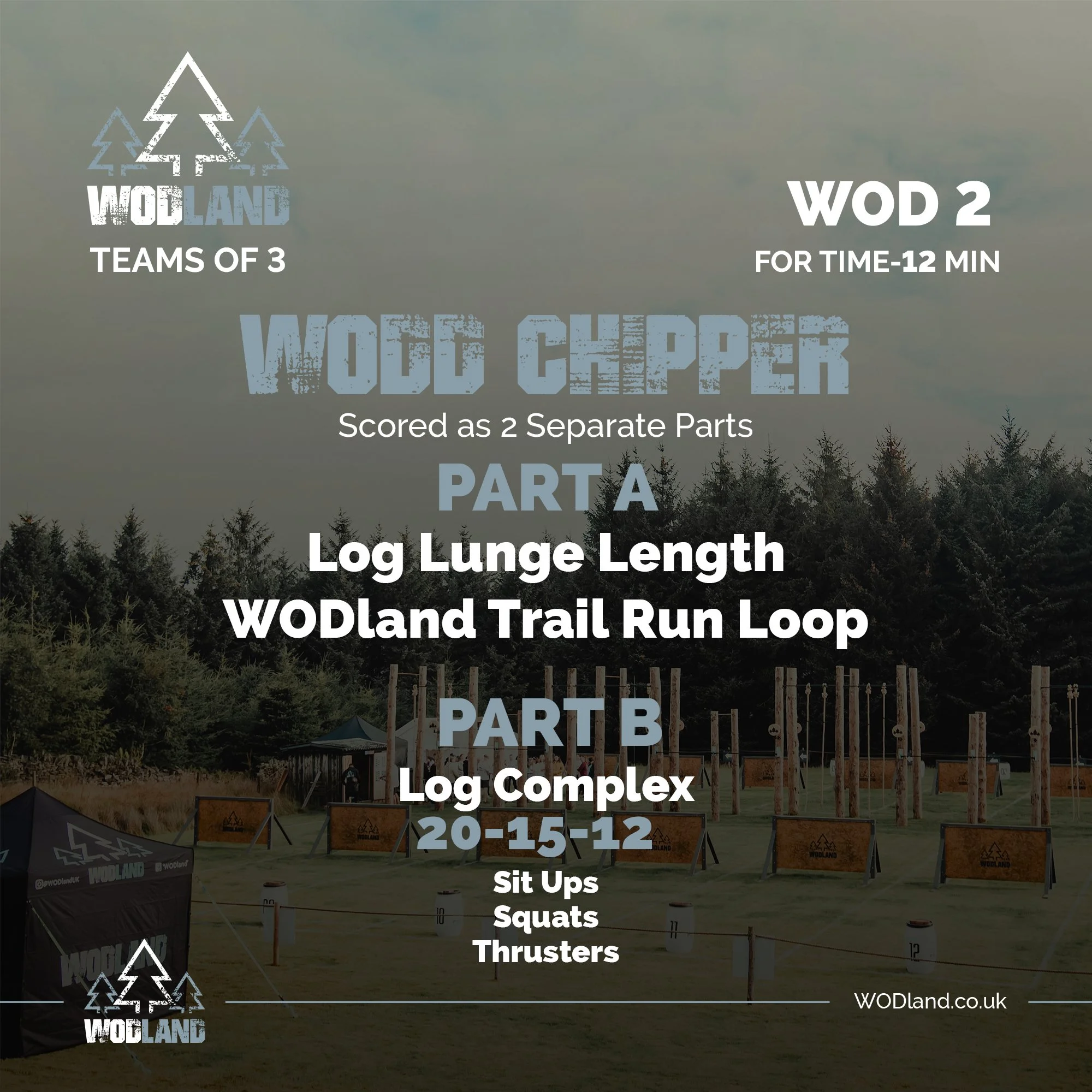 🌲WOOD CHIPPER🌲

FOR TIME 12 Min

Scored as 2 separate parts

PART A
Log Lunge Length
WODland Trail Run (all 3)

PART B
Log Complex
20 - 15 - 12
Sit Ups
Squats
Thrusters

Please ref to your emails for the workout briefing notes / follow the link in 