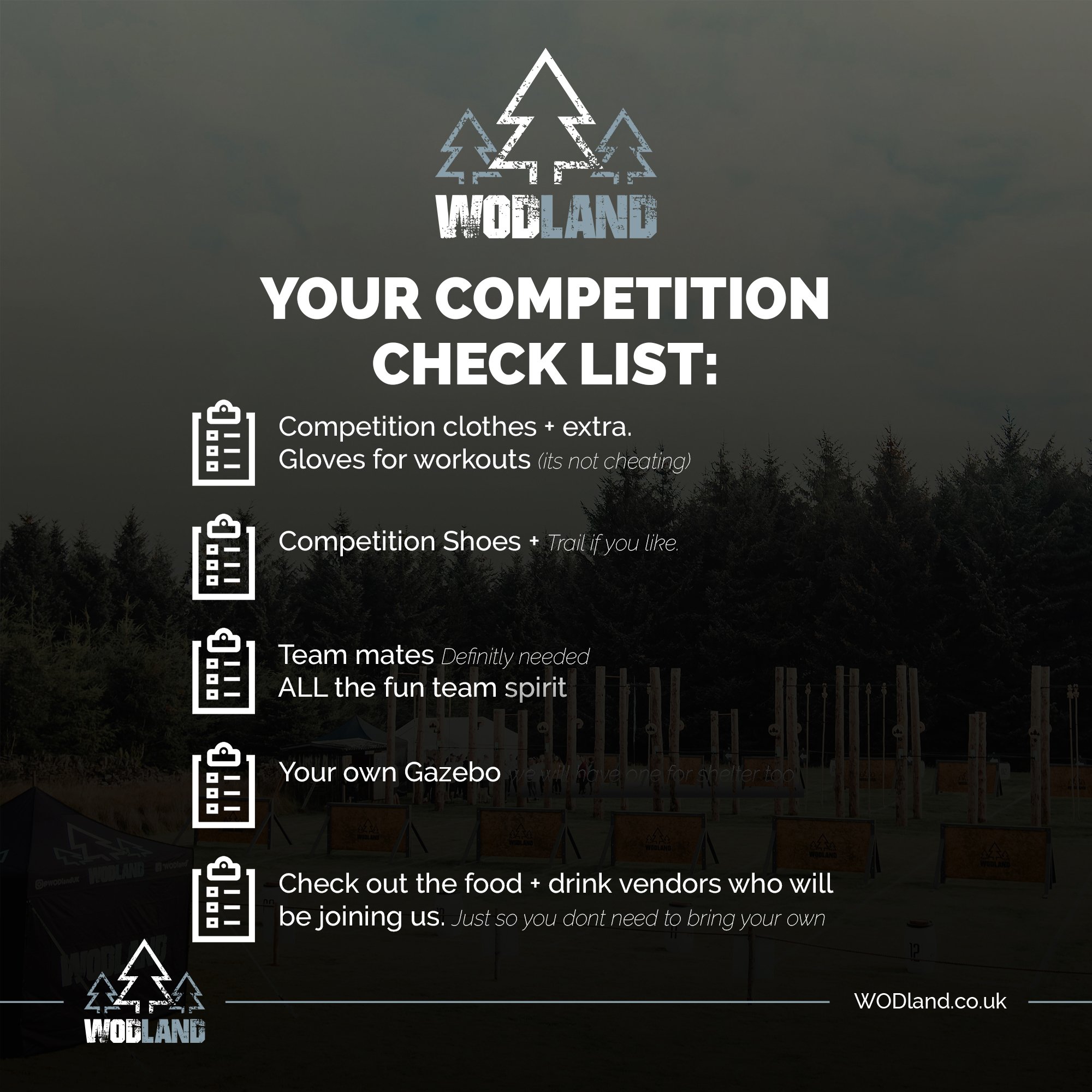 🌲YOUR WODland Teams of 3 CHECK LIST🌲

T-48hrs... until its 3...2...1...GO!!!

Just a quick check list to make sure you have ALL the essentials packed and ready for the day. Anything else is a BONUS 🤩

See you soon

You Stay Class WODland
😎🪵🌲
