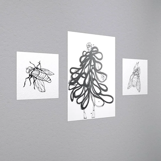 Illustrations from a mixed serie of winged creatures and fashion. All painted in ink, and now as prints in a small volume β½
For enquiries, slide into my DMs. π
From left:
Living fly, 20x20 cm
Fashion illustration, A3 (29,7x42 cm)
Dead fly, 20x20 cm