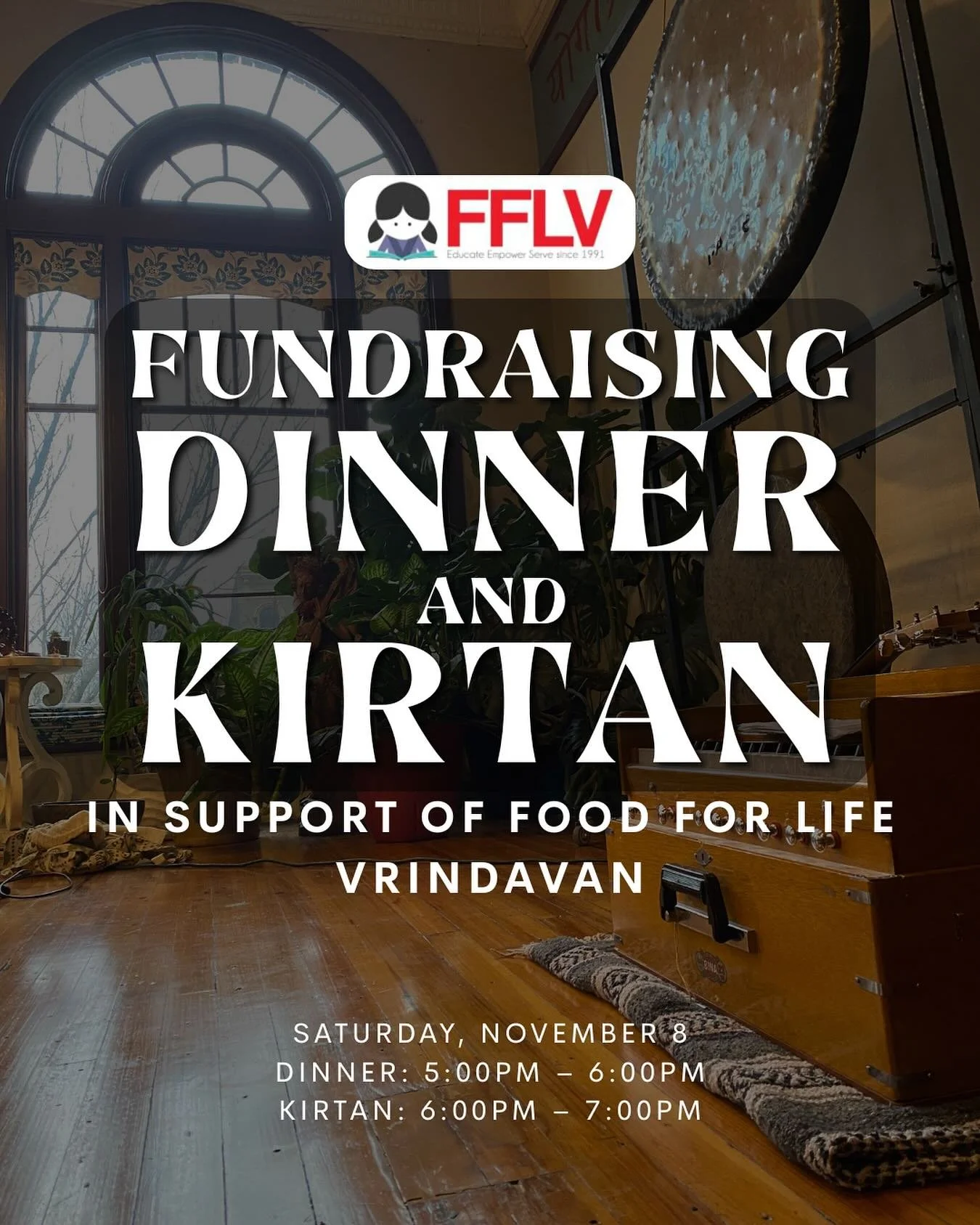 Let&rsquo;s gather and do good together THIS SATURDAY, NOV 8. 🧡

Come enjoy a delicious homemade, vegetarian meal inspired by the flavors of India as we raise money for the children of Vrindavan. We will end the night with kirtan, our favorite way t